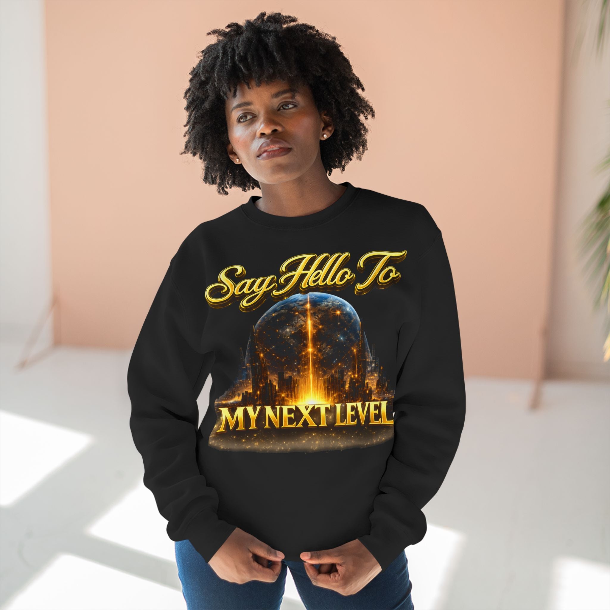 Crewneck Sweatshirt — "Say Hello to My Next Level" Golden Sci‑Fi City Graphic Printify