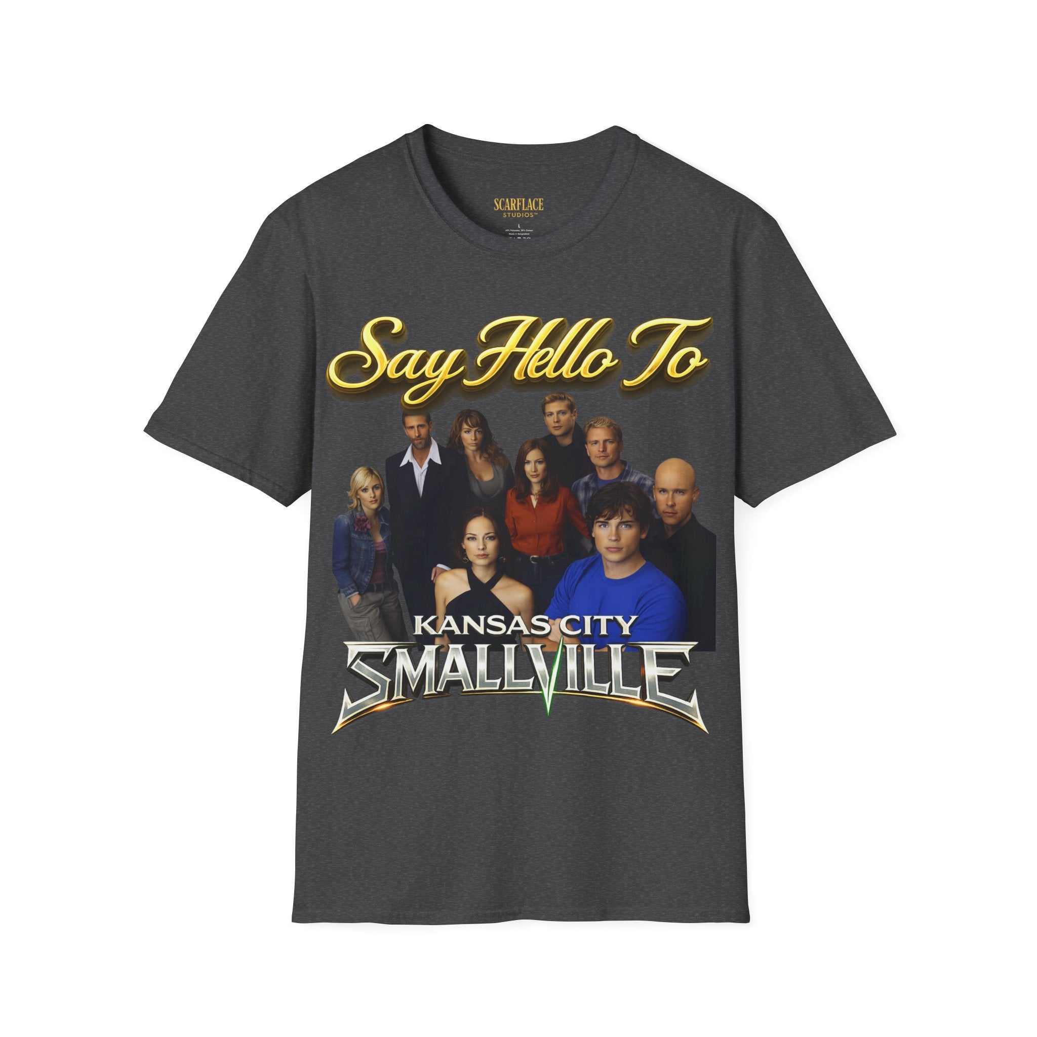 Smallville Cast T-Shirt – "Say Hello To" Kansas City Retro TV Logo Printify