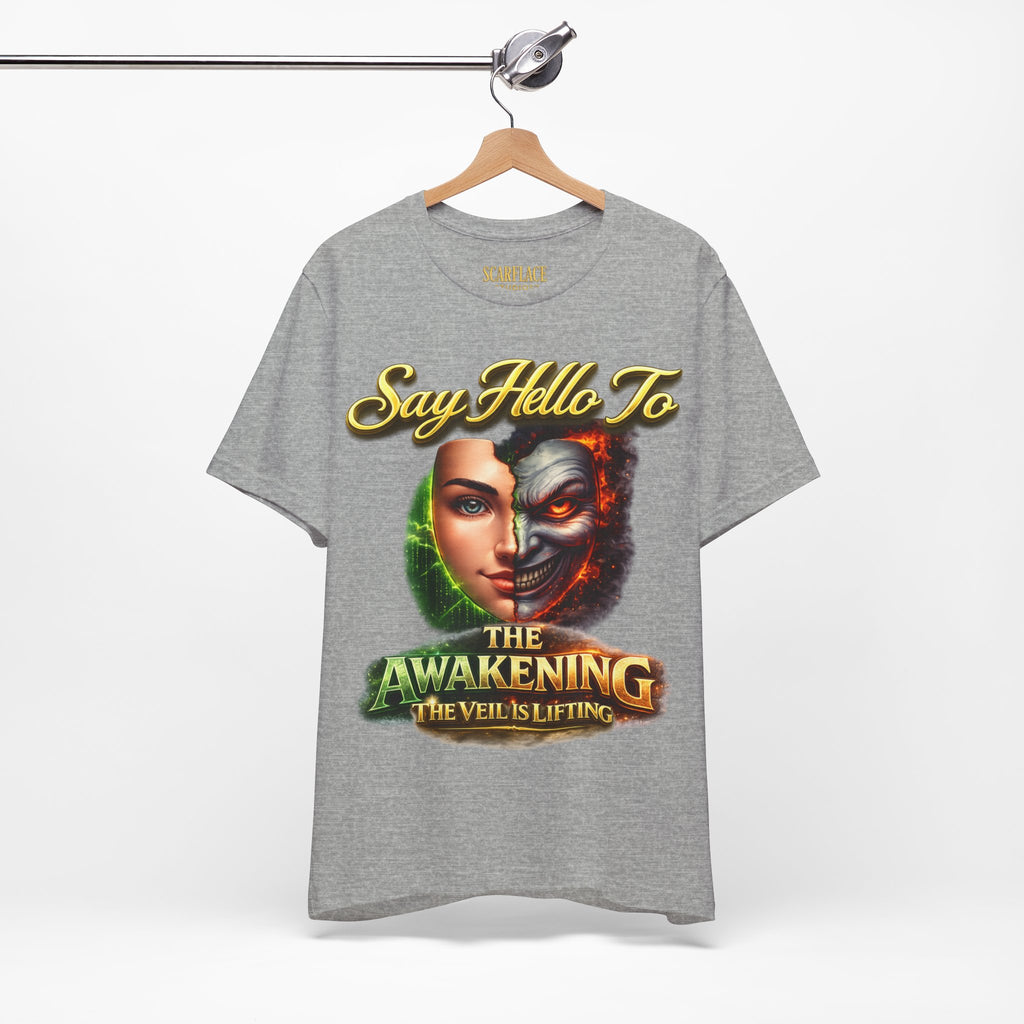 Horror Mask Split Face Tee — "Say Hello To Your Family and Friends" Graphic T-Shirt Printify
