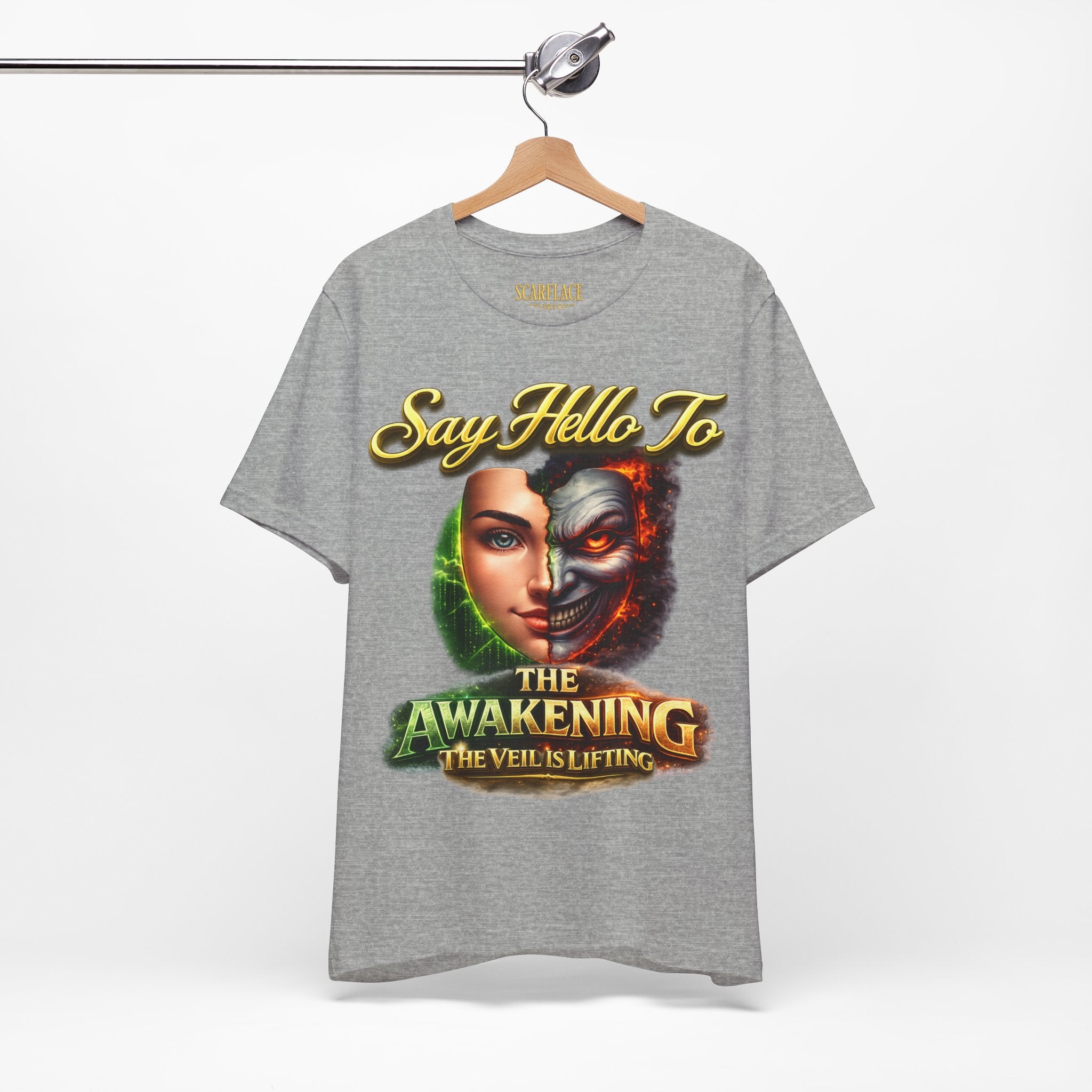 Horror Mask Split Face Tee — "Say Hello To Your Family and Friends" Graphic T-Shirt Printify