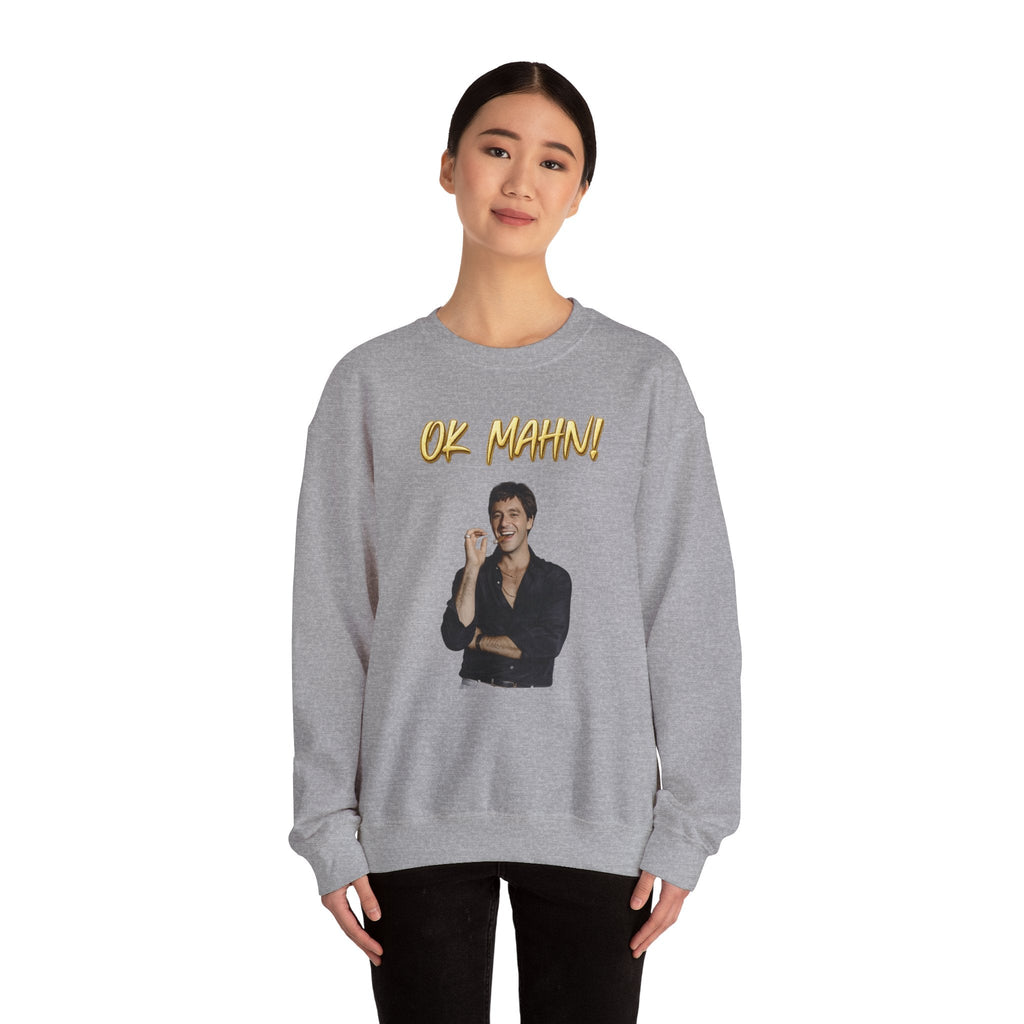 Crewneck Sweatshirt — 'Ok Mahn!' Gold Script Minimalist Streetwear Printify