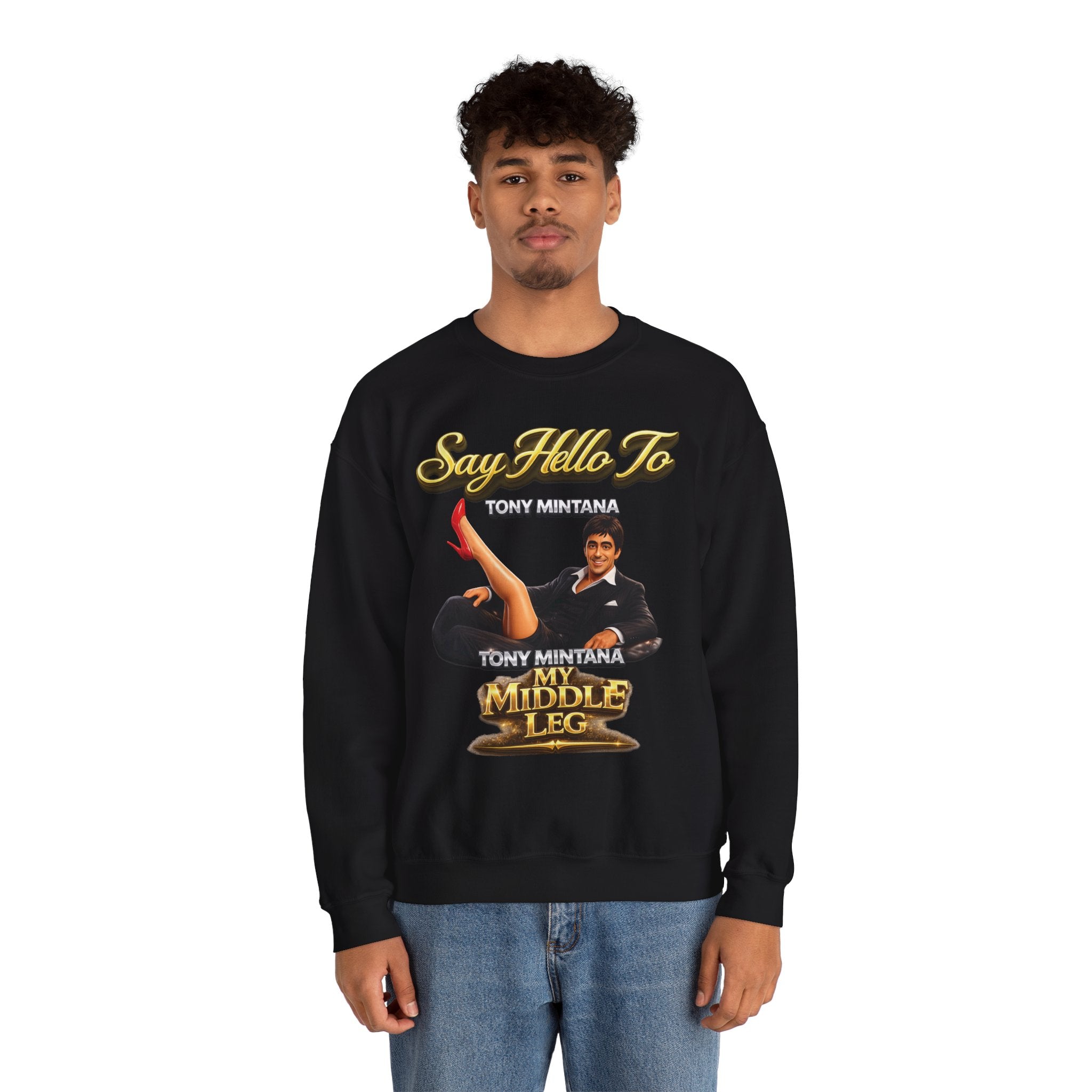 Scarface Parody Crewneck Sweatshirt — "Say Hello to My Middle Leg" Graphic Printify