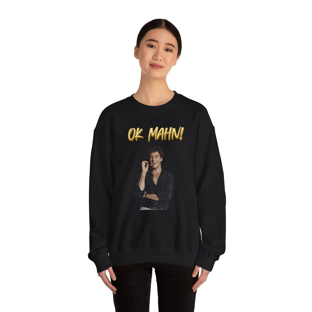 Crewneck Sweatshirt — 'Ok Mahn!' Gold Script Minimalist Streetwear Printify
