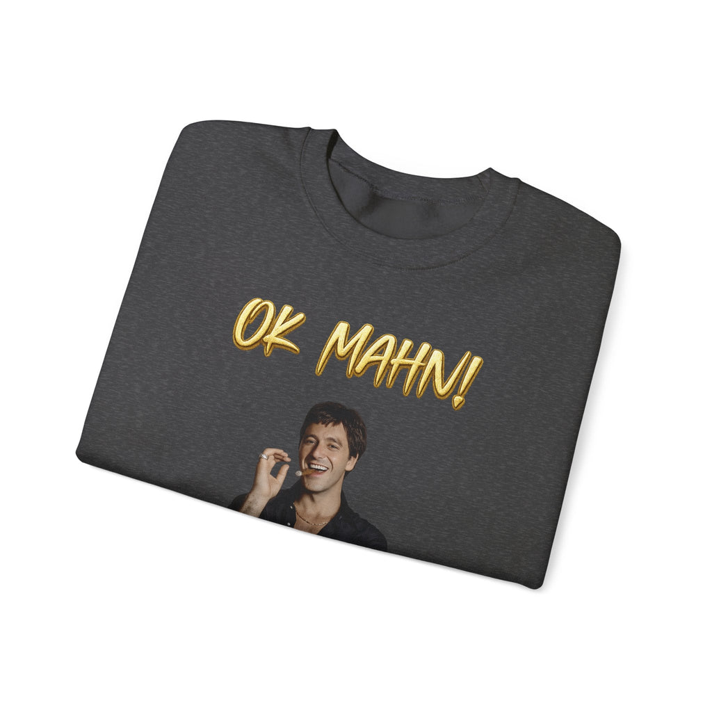 Crewneck Sweatshirt — 'Ok Mahn!' Gold Script Minimalist Streetwear Printify