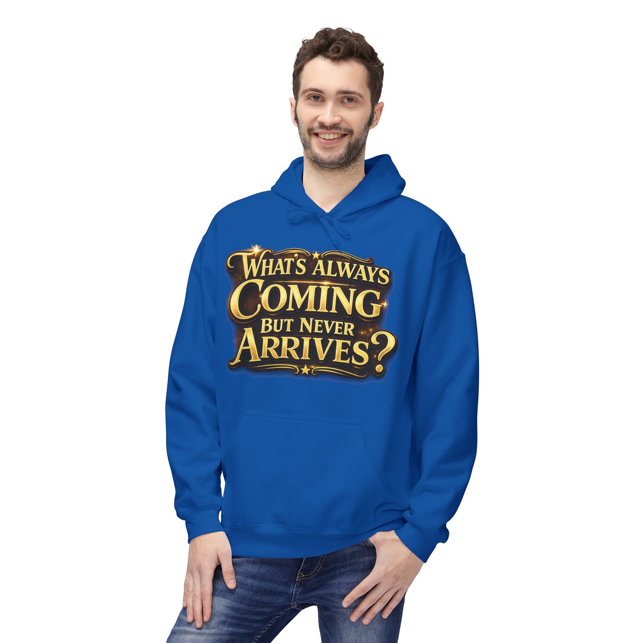 Tomorrow Hoodie — "What's Always Coming But Never Arrives?" Vintage Quote Hoodie Printify