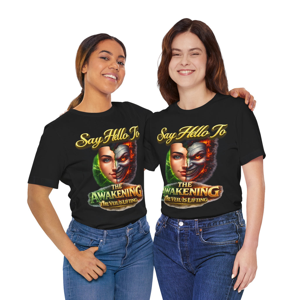 Horror Mask Split Face Tee — "Say Hello To Your Family and Friends" Graphic T-Shirt Printify