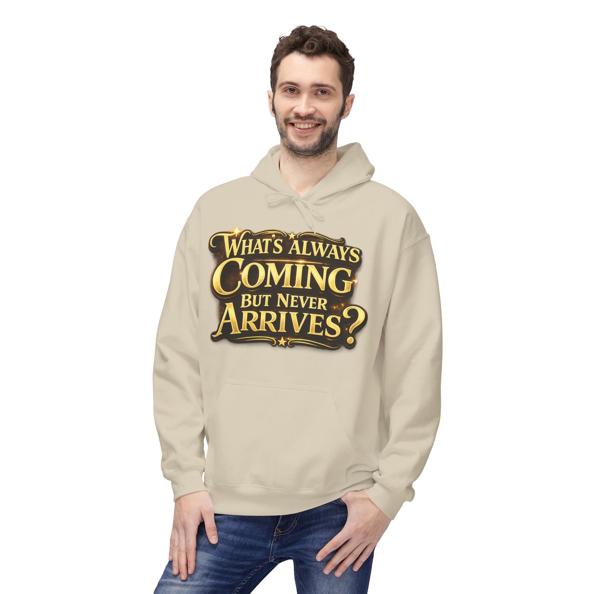 Tomorrow Hoodie — "What's Always Coming But Never Arrives?" Vintage Quote Hoodie Printify