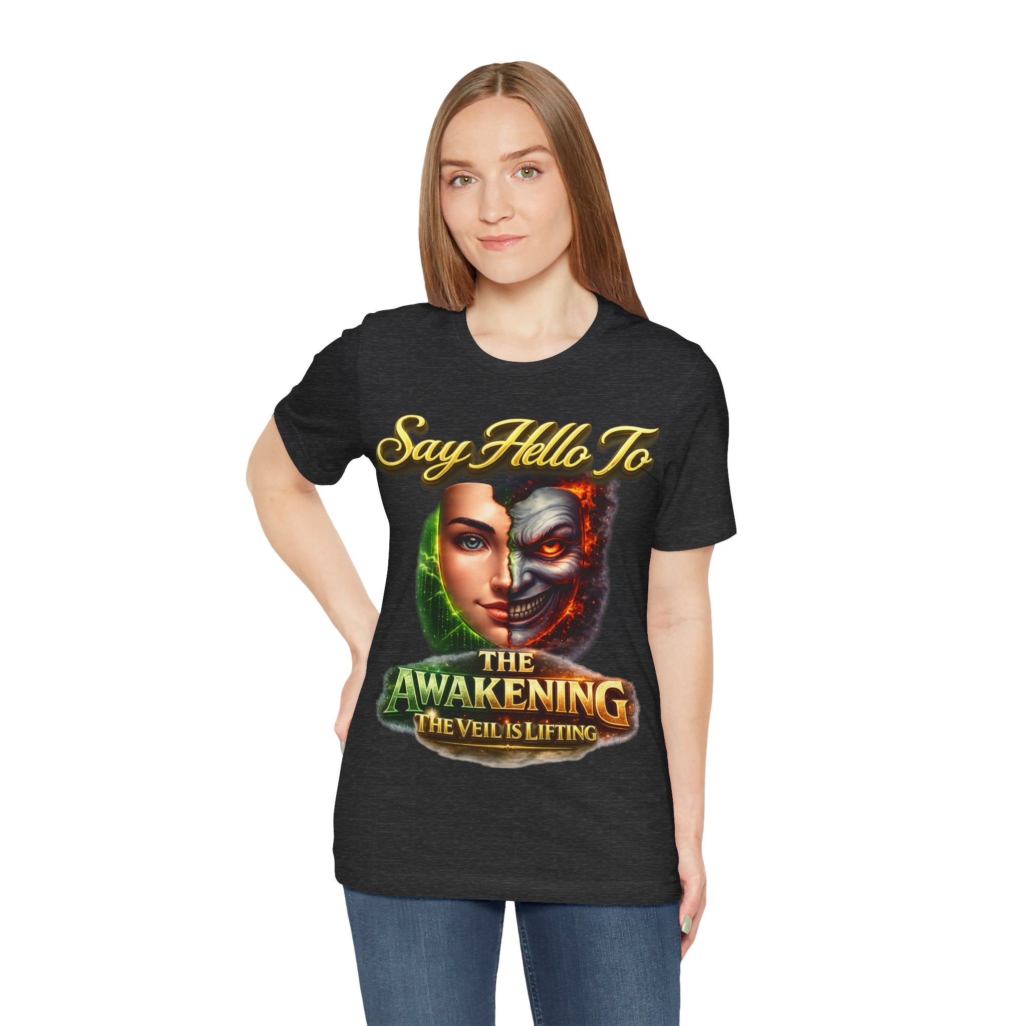 Horror Mask Split Face Tee — "Say Hello To Your Family and Friends" Graphic T-Shirt Printify