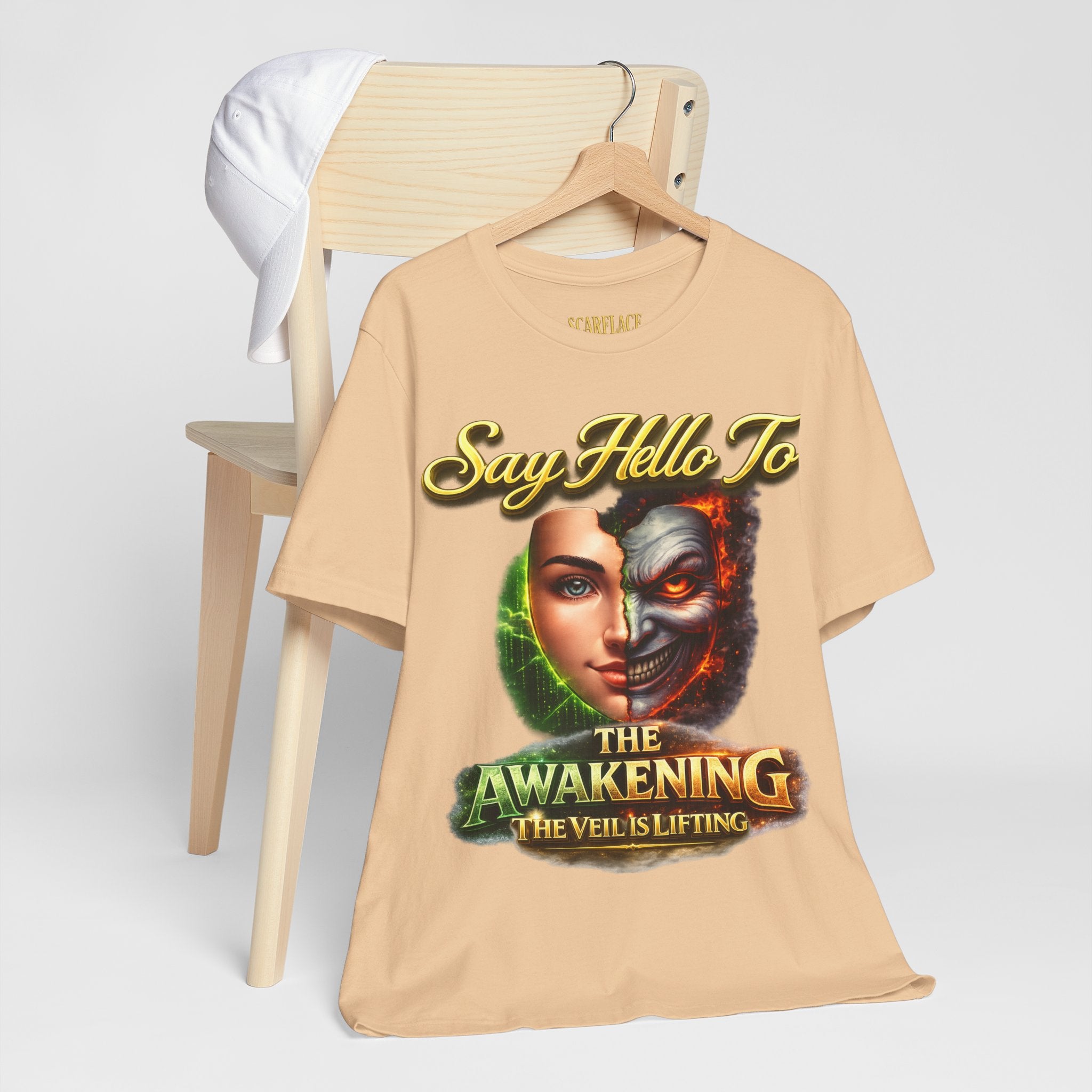 Horror Mask Split Face Tee — "Say Hello To Your Family and Friends" Graphic T-Shirt Printify
