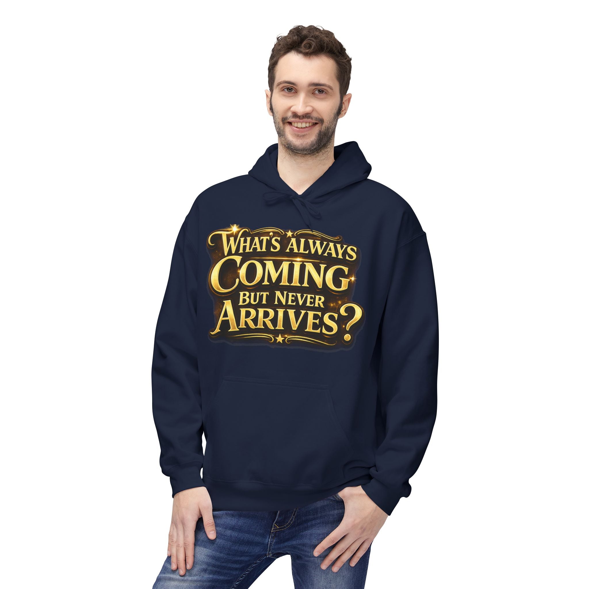 Tomorrow Hoodie — "What's Always Coming But Never Arrives?" Vintage Quote Hoodie Printify