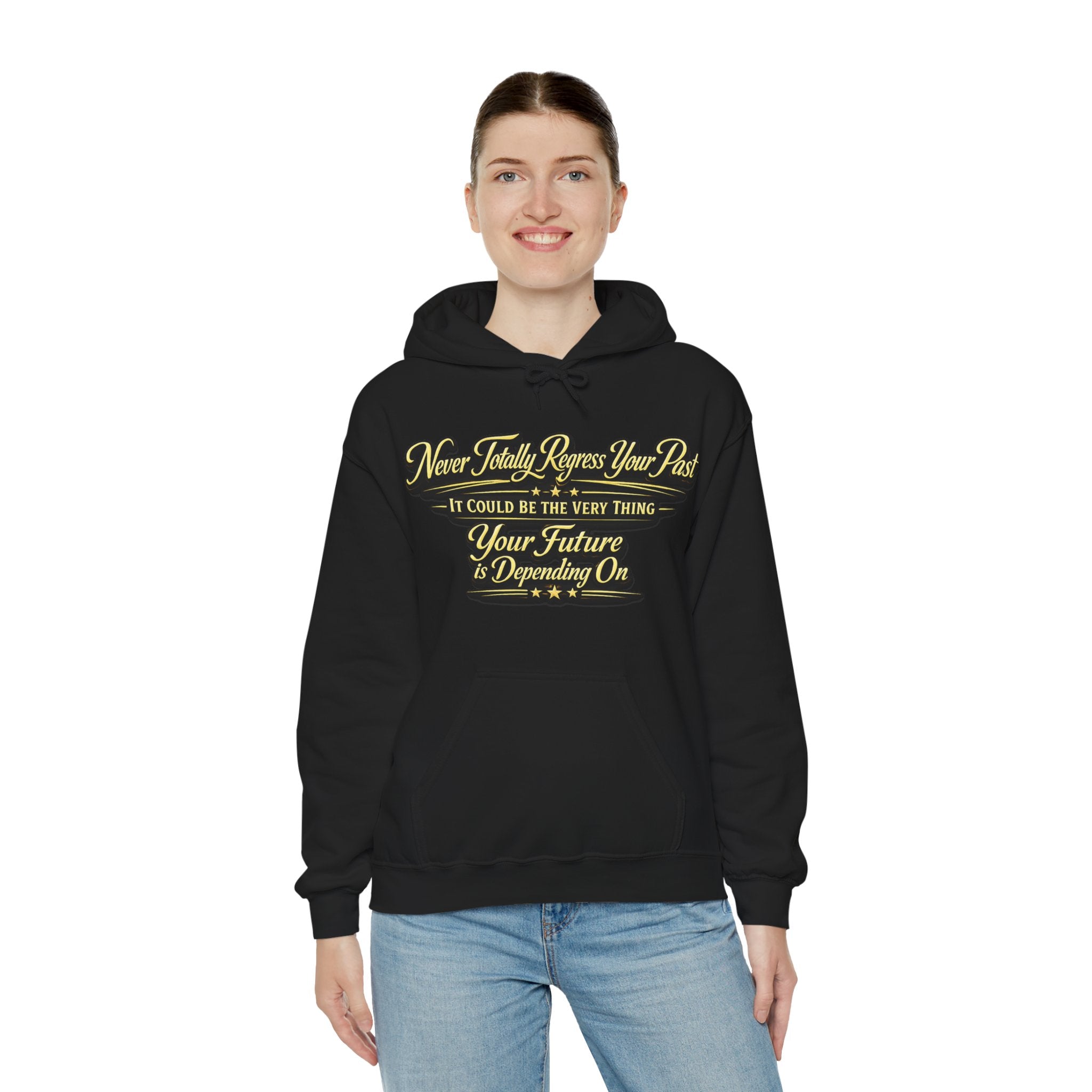 Inspirational Hoodie – “Never Letting Regret Your Past” Motivational City Night Sweatshirt Printify