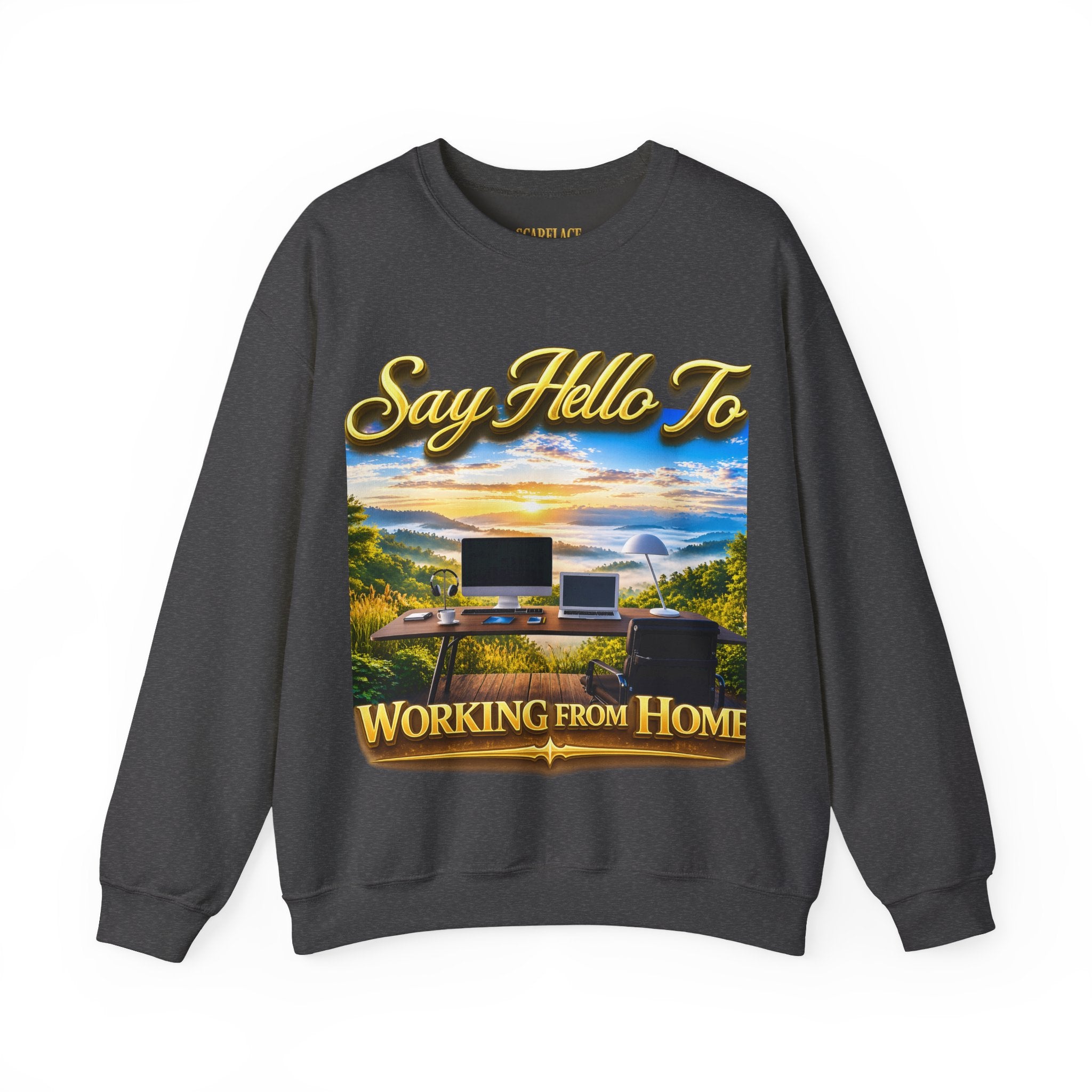 Working From Home Sweatshirt – "Say Hello To" Scenic Home Office Crewneck Printify