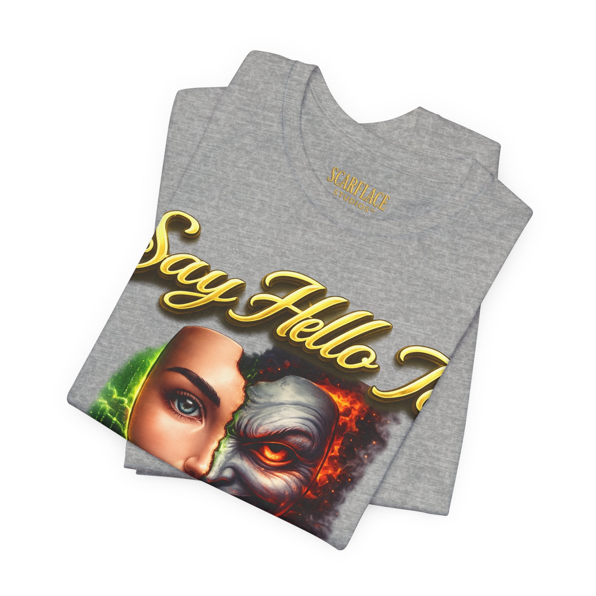 Horror Mask Split Face Tee — "Say Hello To Your Family and Friends" Graphic T-Shirt Printify