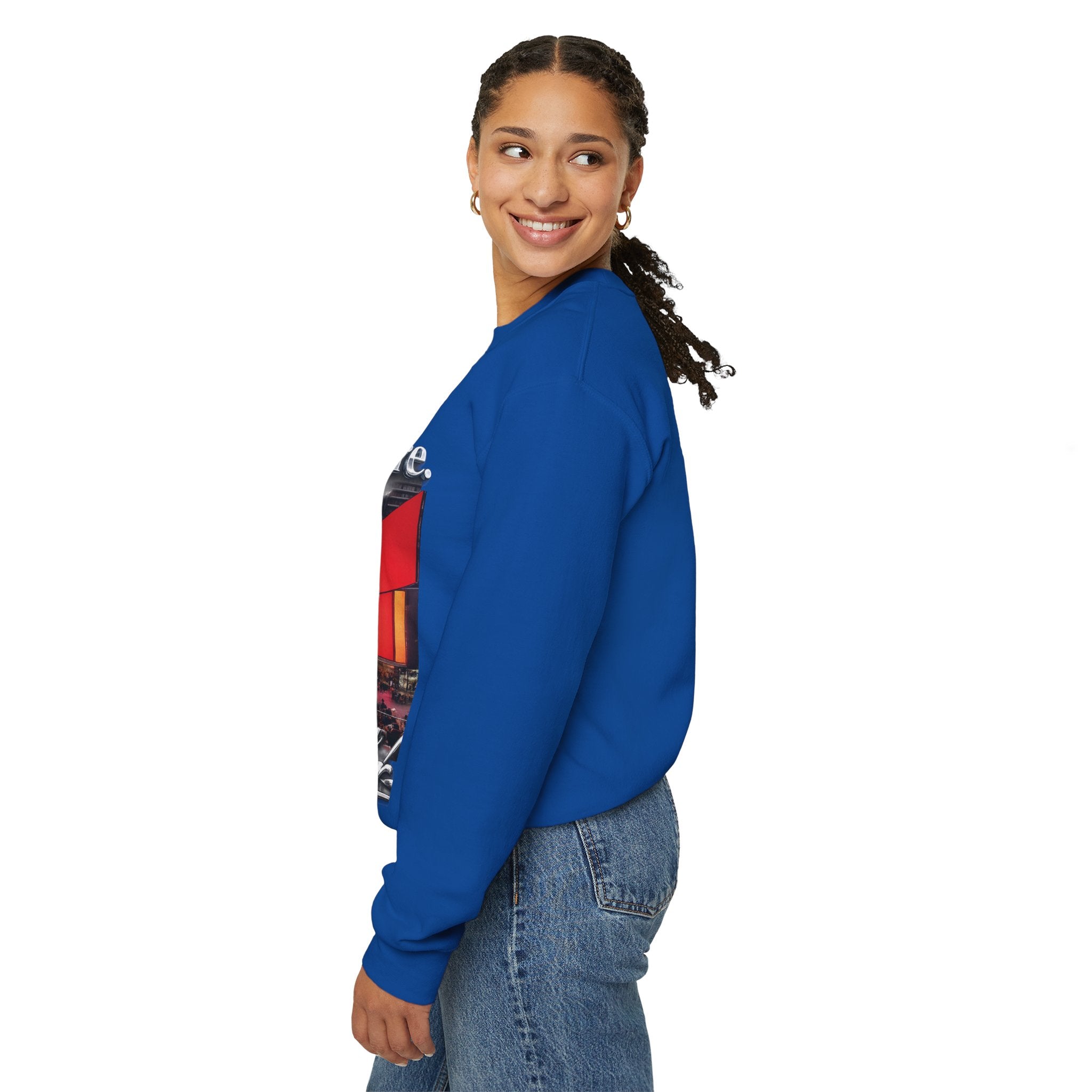 Crewneck Sweatshirt — Times Square Photo with Motivational Script “Nothing Out Here Helps You… That’s What Makes You Stronger” Printify