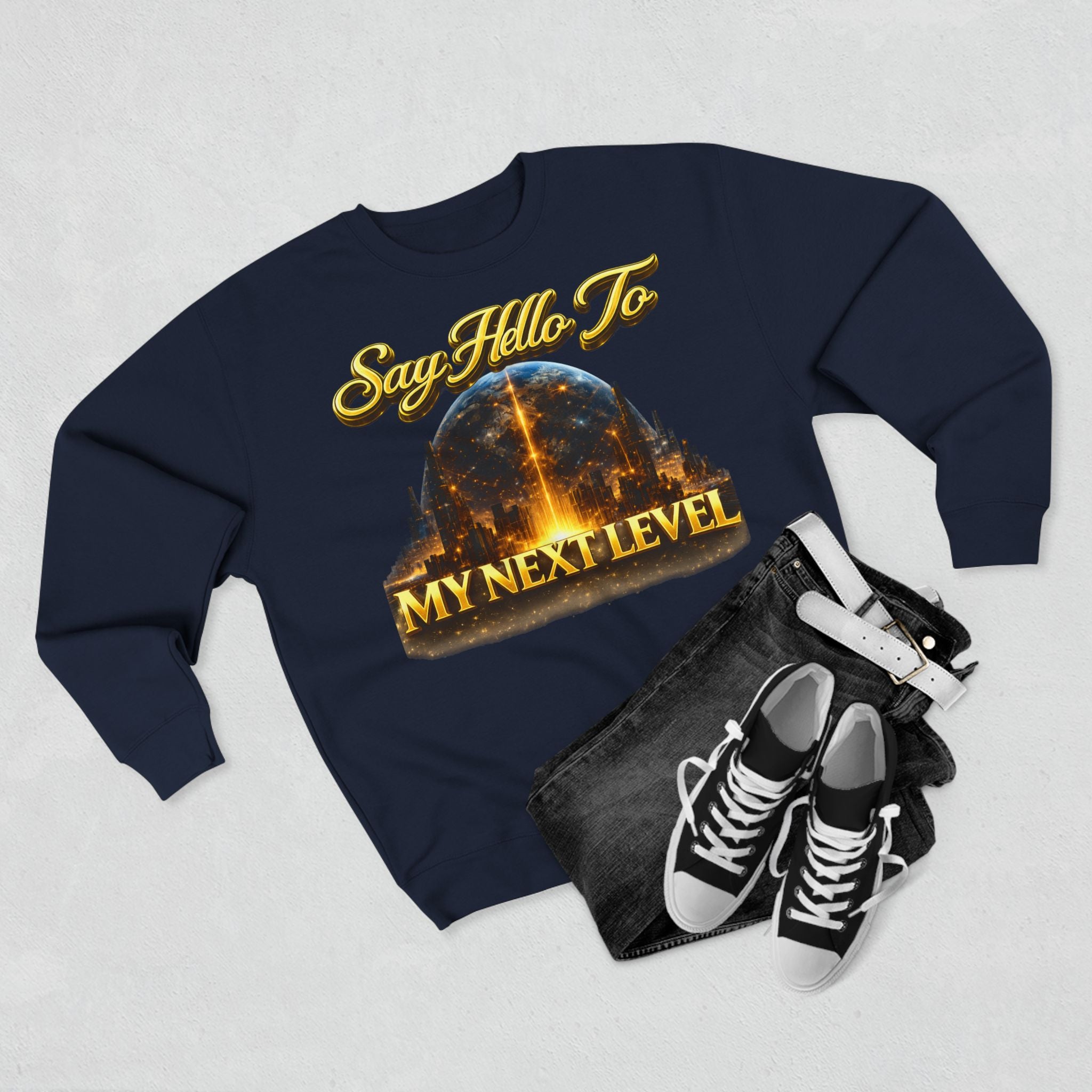 Crewneck Sweatshirt — "Say Hello to My Next Level" Golden Sci‑Fi City Graphic Printify