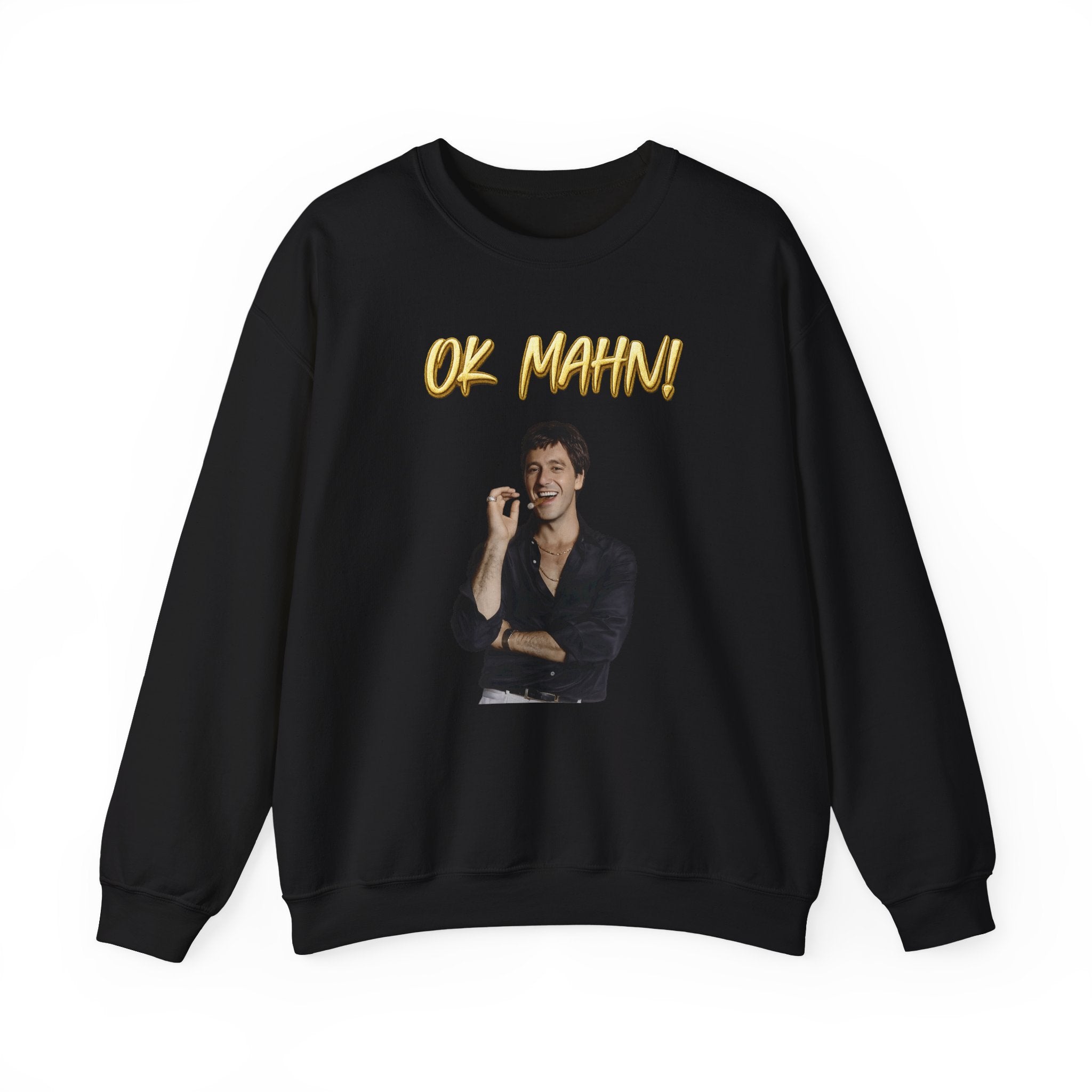 Crewneck Sweatshirt — 'Ok Mahn!' Gold Script Minimalist Streetwear Printify