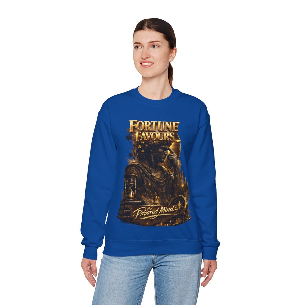 Crewneck Sweatshirt — "Fortune Favors the Prepared Mind" Motivational Design Printify