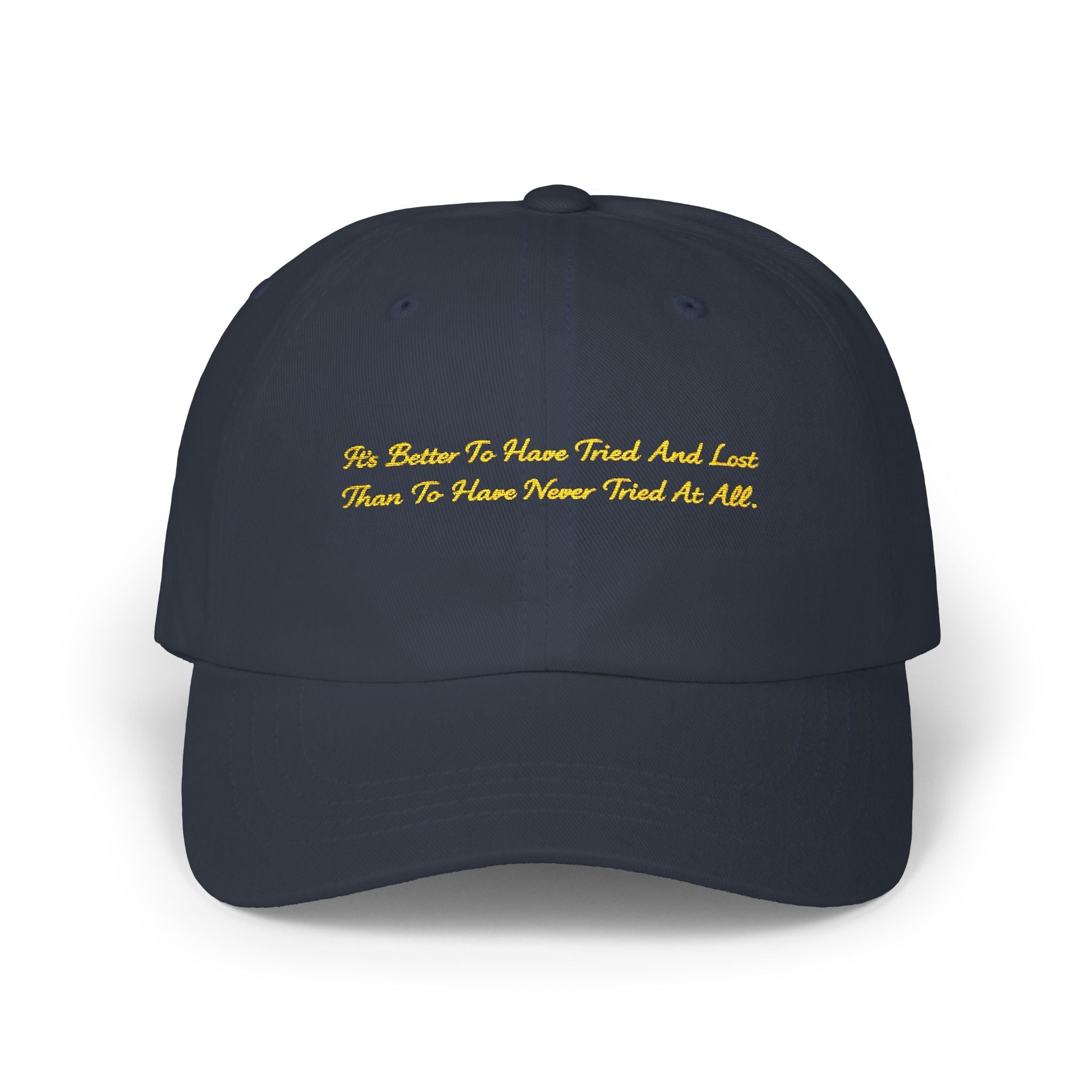 Gold Script "Dad" Cap — Minimal White Baseball Hat Printify