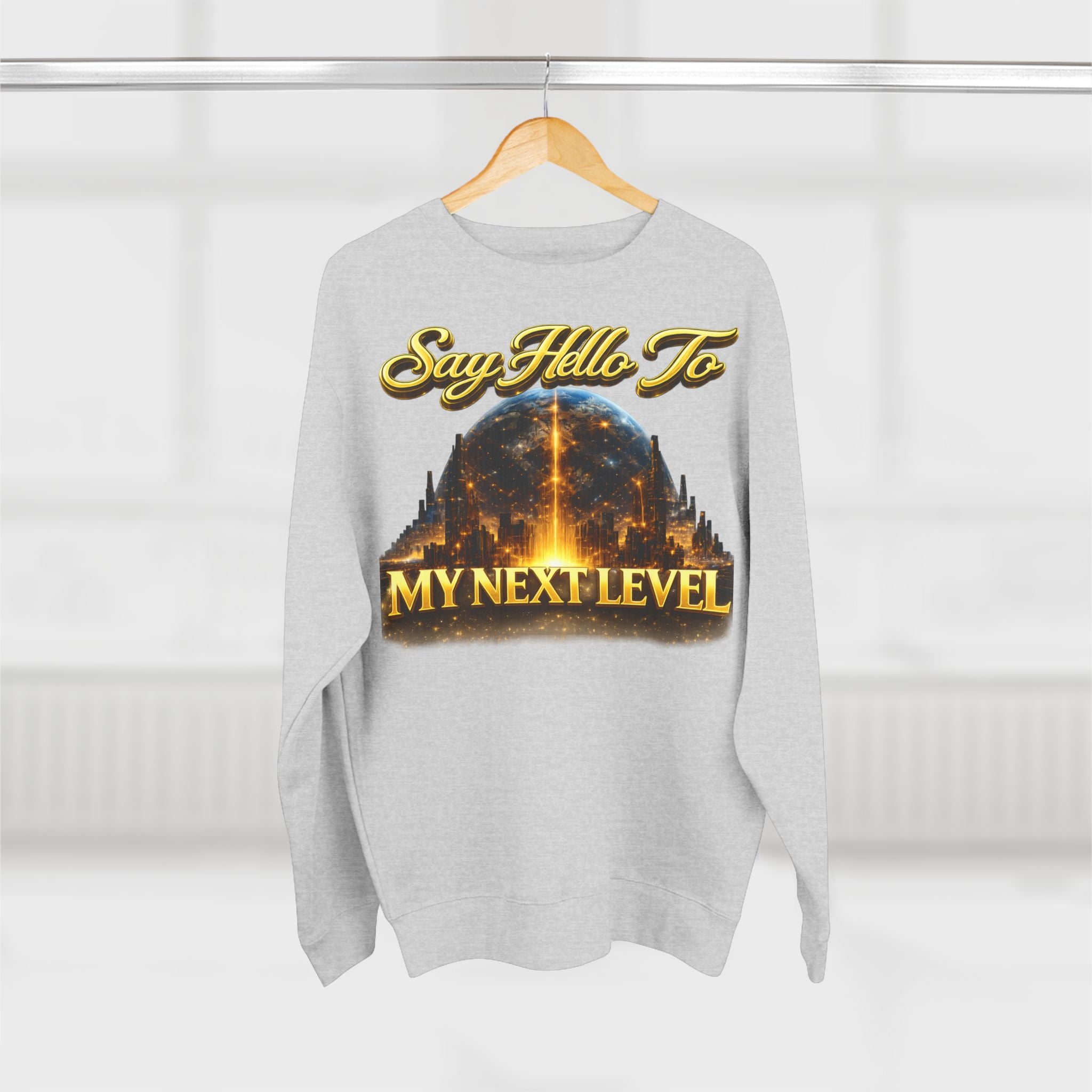 Crewneck Sweatshirt — "Say Hello to My Next Level" Golden Sci‑Fi City Graphic Printify