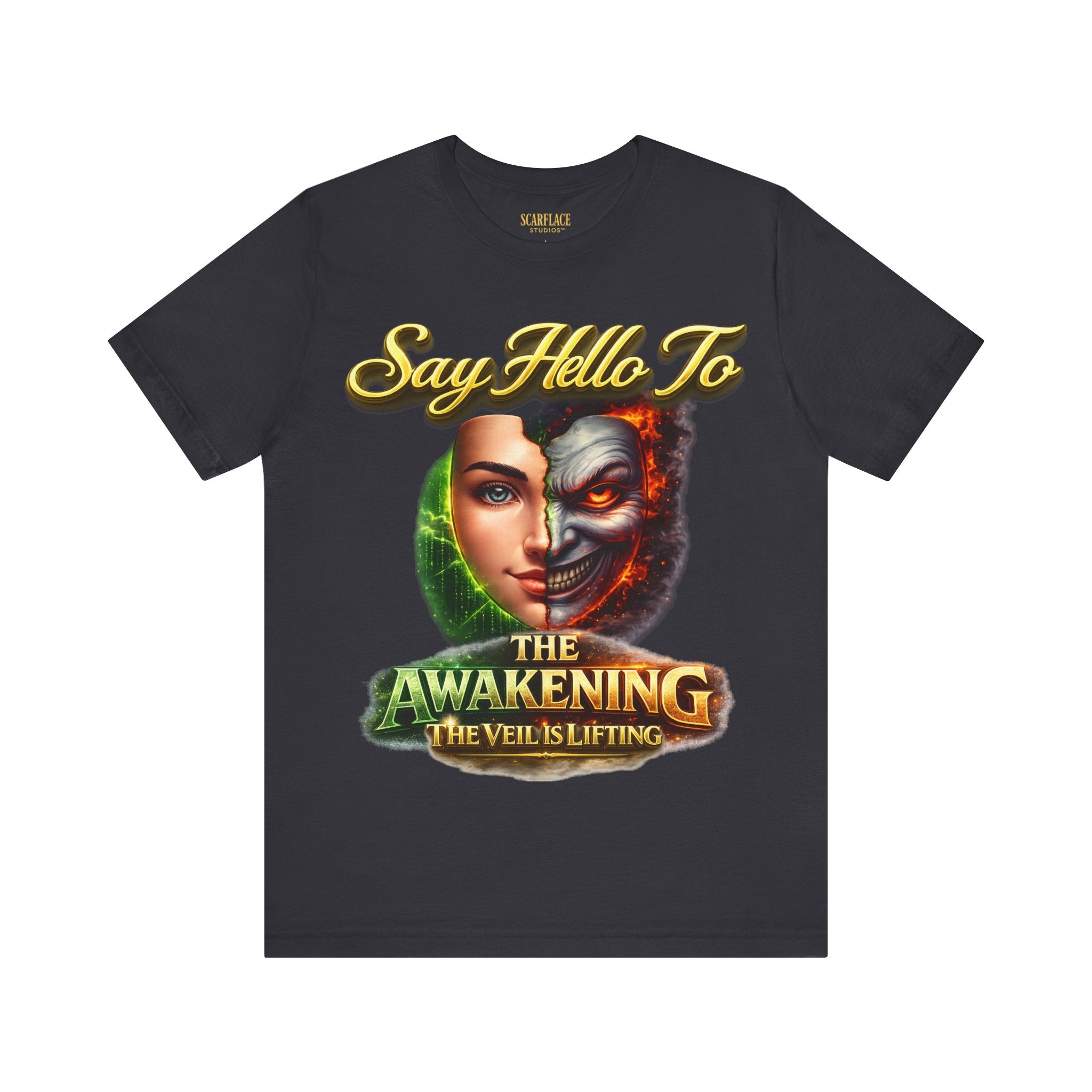 Horror Mask Split Face Tee — "Say Hello To Your Family and Friends" Graphic T-Shirt Printify