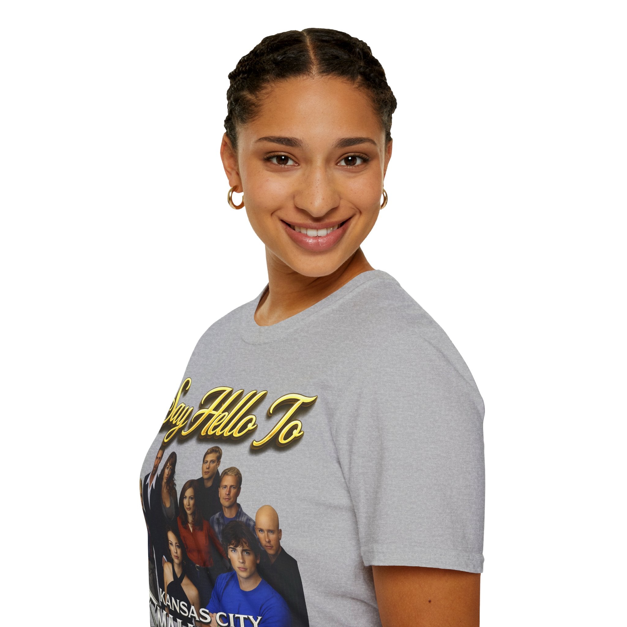 Smallville Cast T-Shirt – "Say Hello To" Kansas City Retro TV Logo Printify