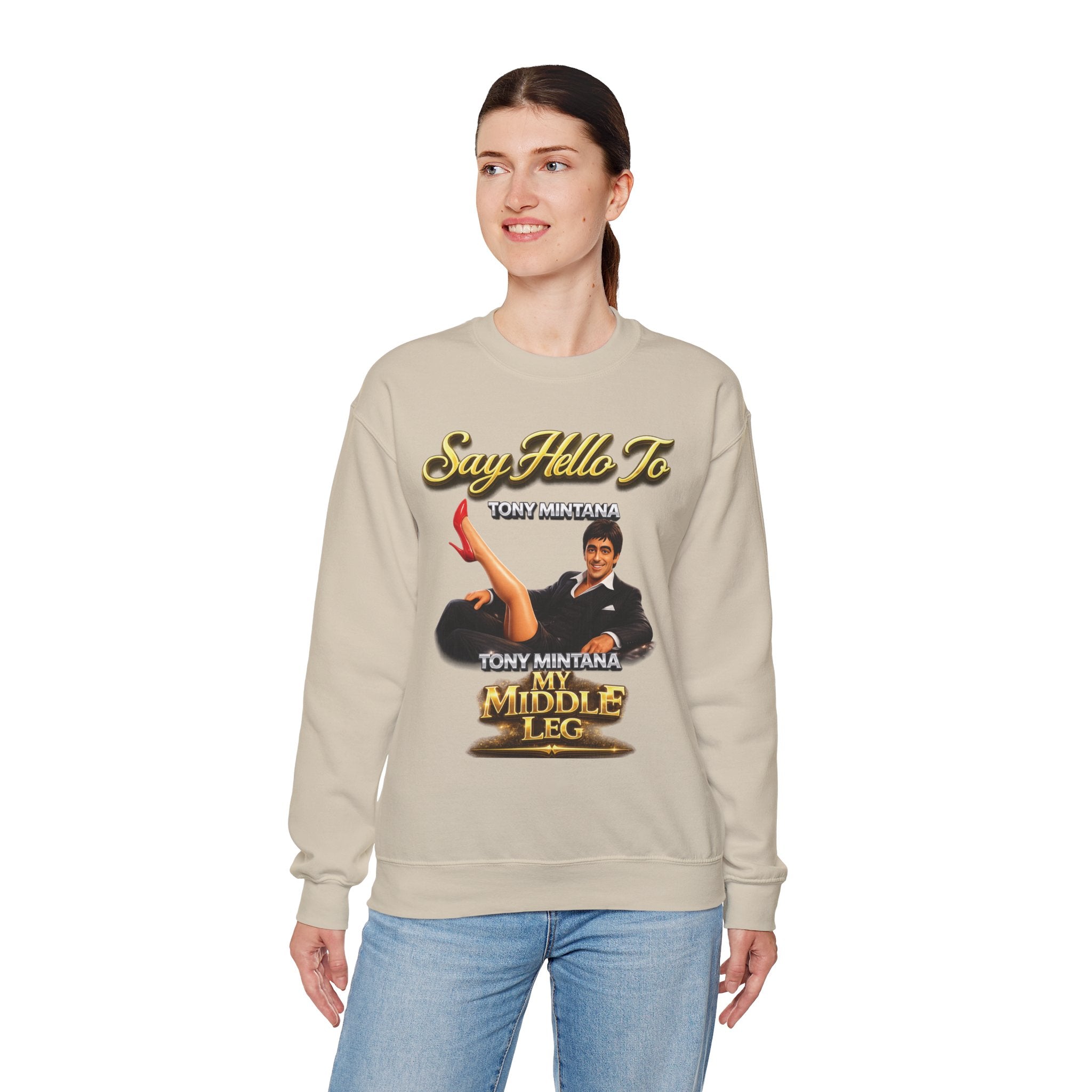 Scarface Parody Crewneck Sweatshirt — "Say Hello to My Middle Leg" Graphic Printify