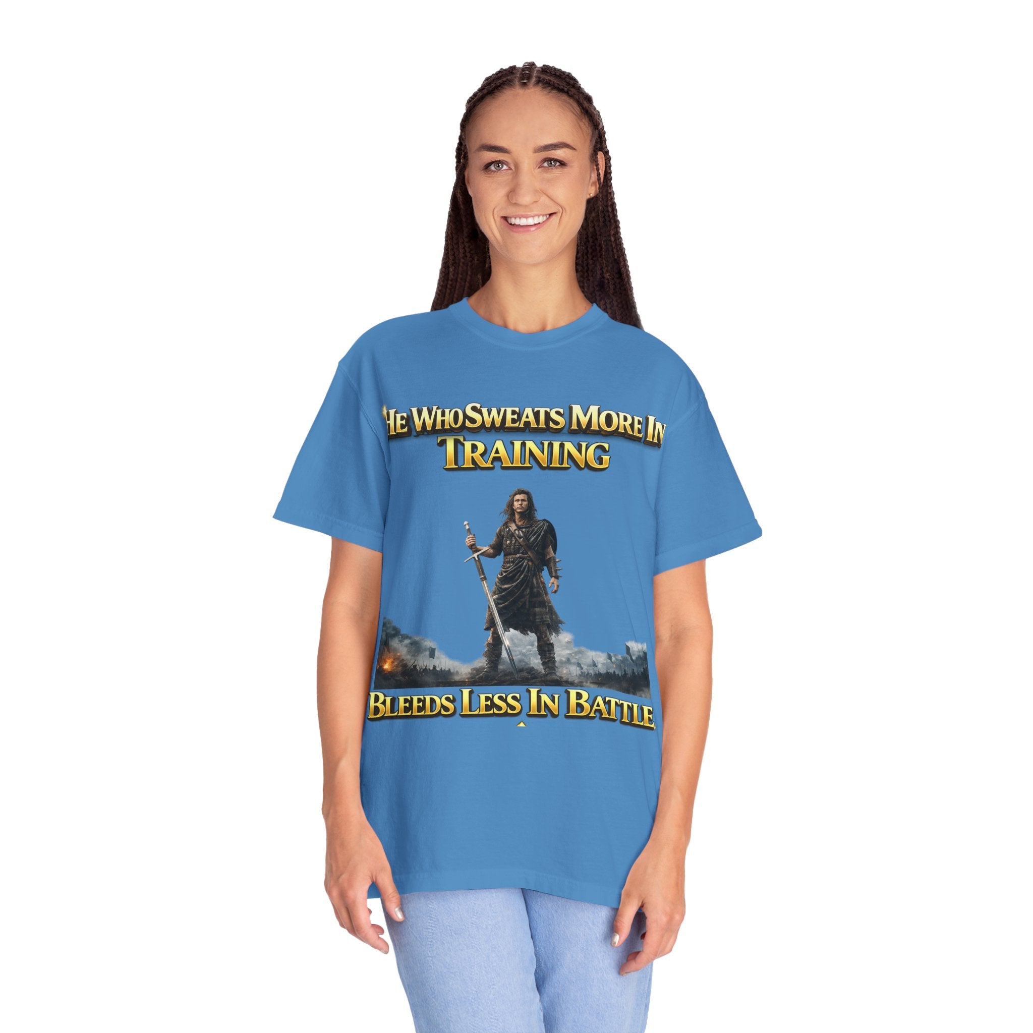 Training Warrior T-Shirt — "He Who Sweats More in Training Bleeds Less in Battle" Printify