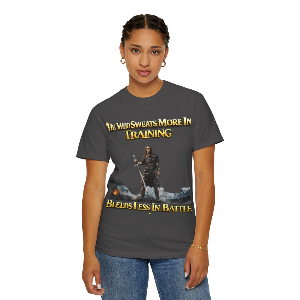 Training Warrior T-Shirt — "He Who Sweats More in Training Bleeds Less in Battle" Printify