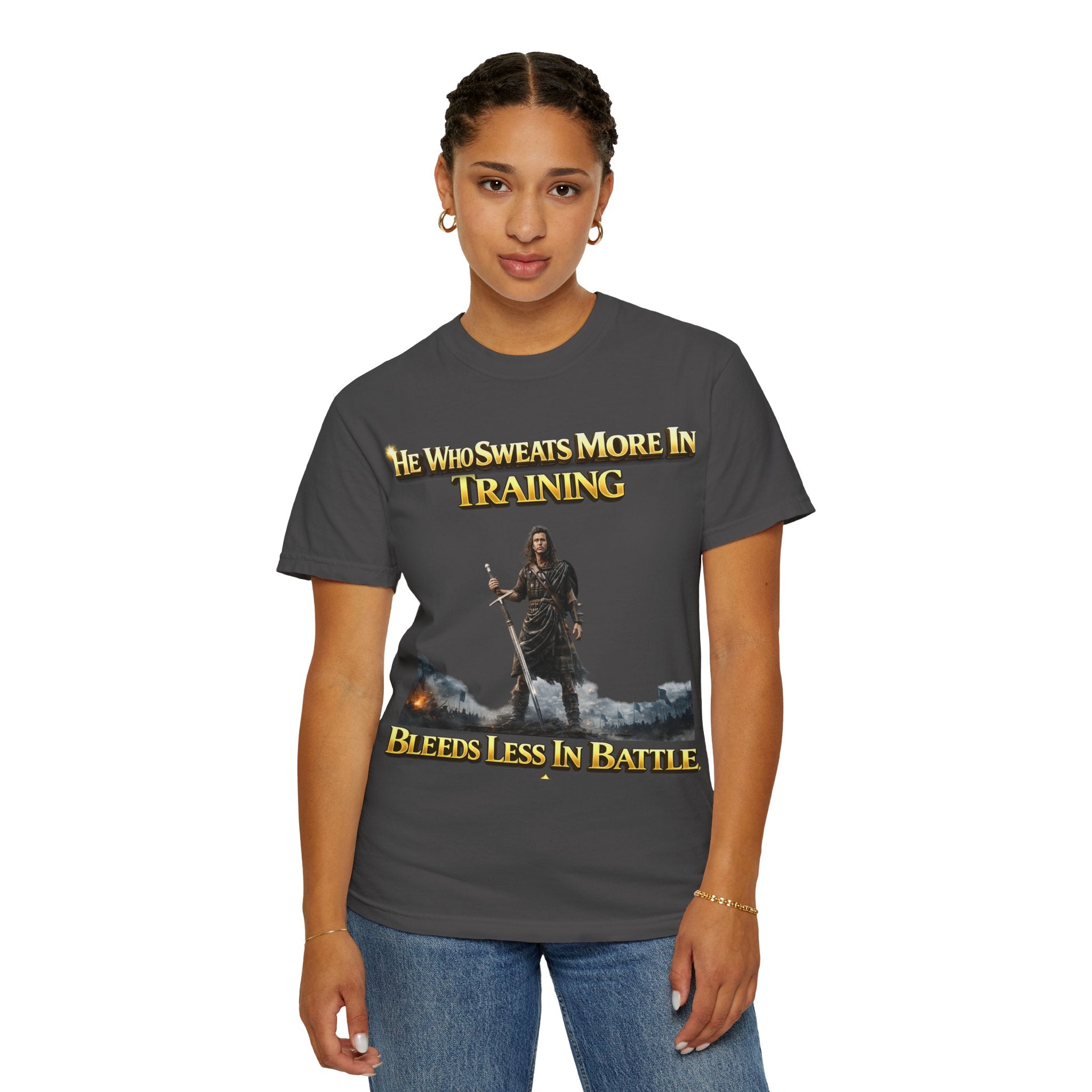 Training Warrior T-Shirt — "He Who Sweats More in Training Bleeds Less in Battle" Printify