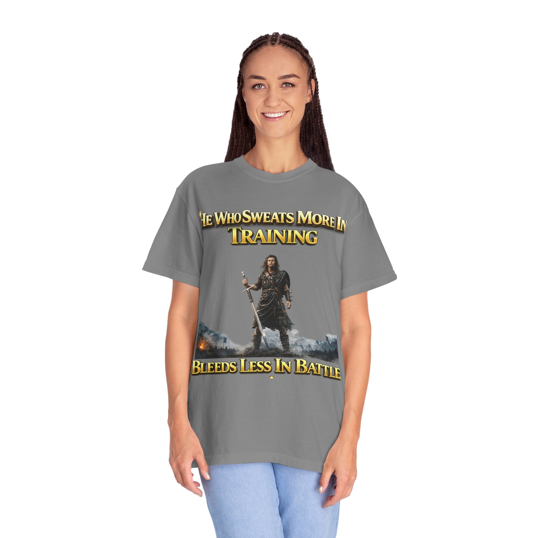 Training Warrior T-Shirt — "He Who Sweats More in Training Bleeds Less in Battle" Printify
