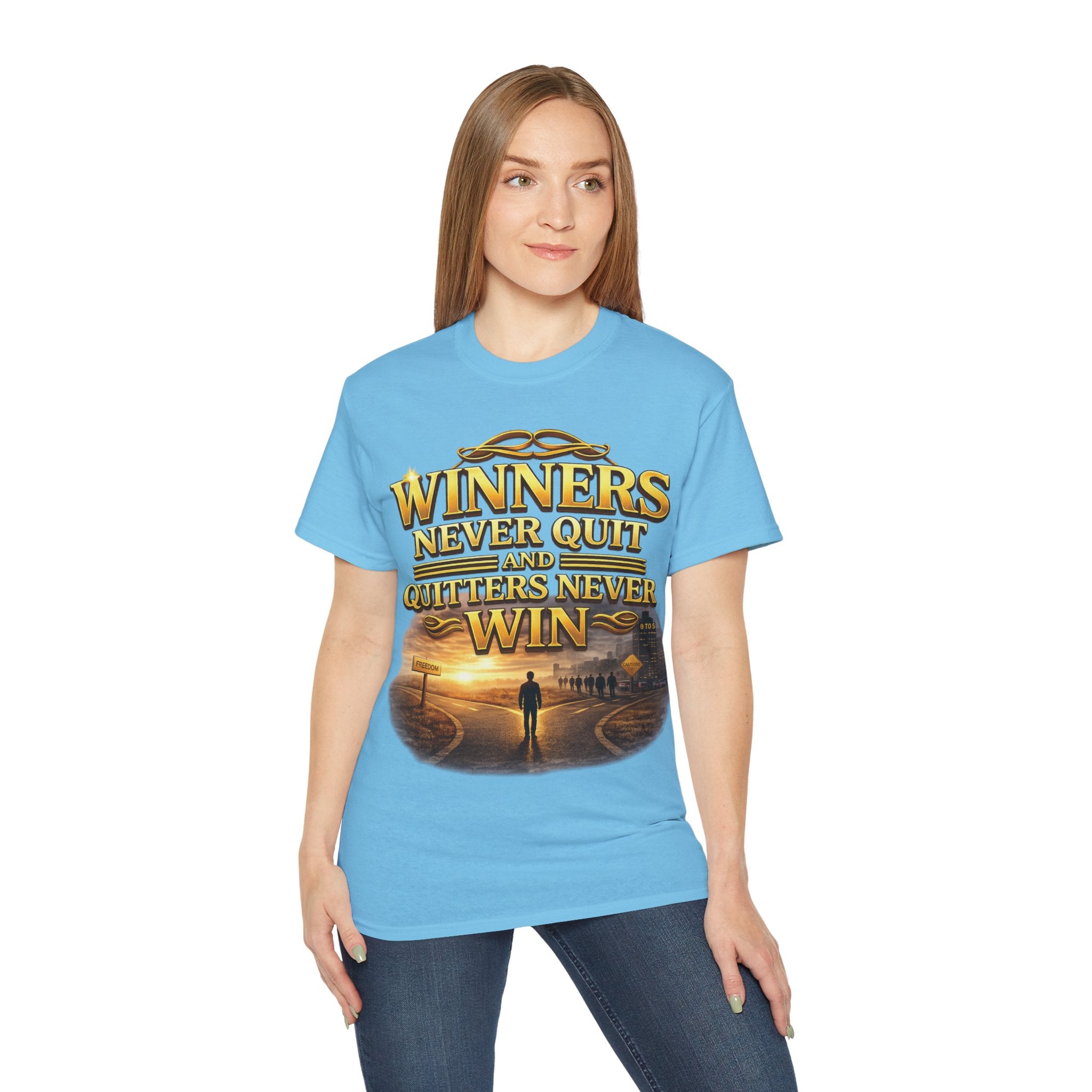 Winners Never Quit Inspirational Tee — Motivational Quote Shirt Printify