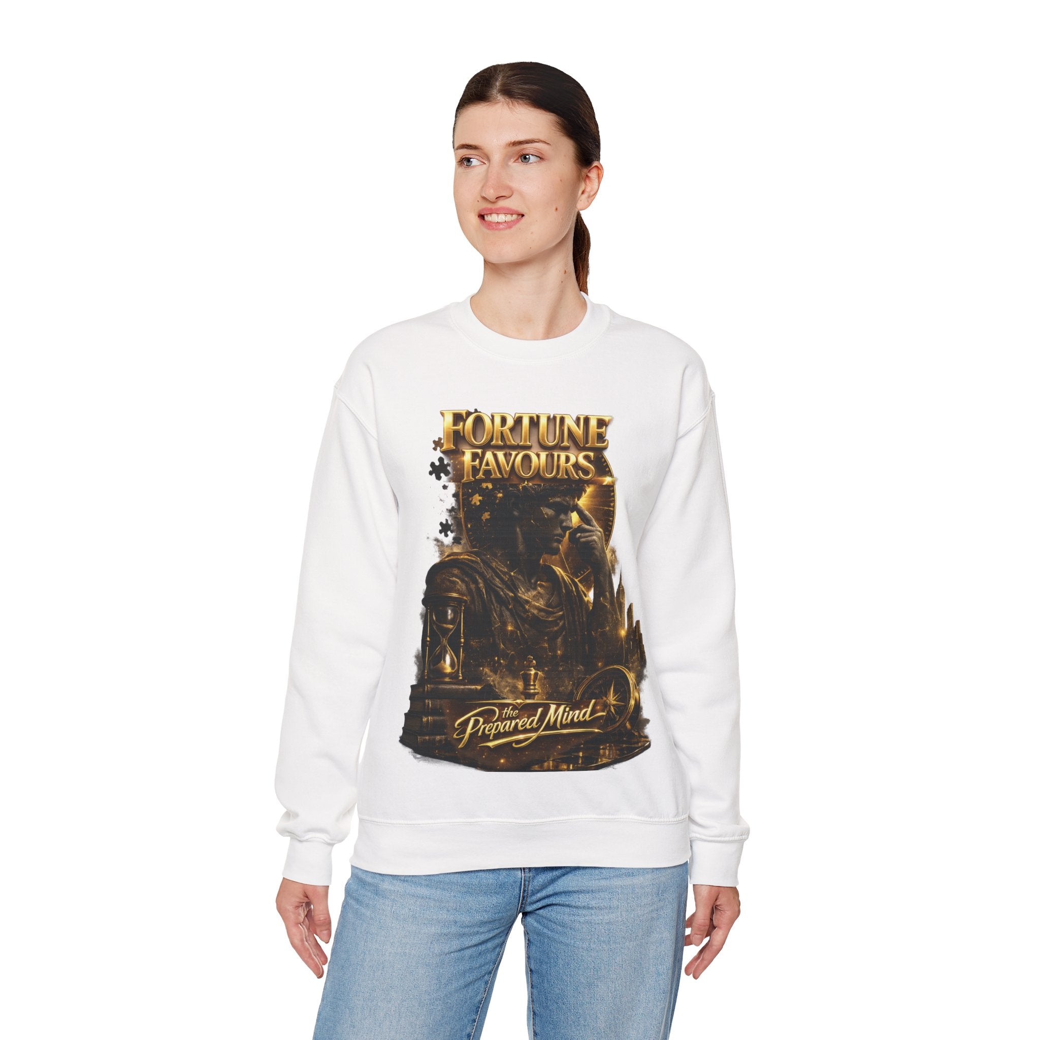Crewneck Sweatshirt — "Fortune Favors the Prepared Mind" Motivational Design Printify