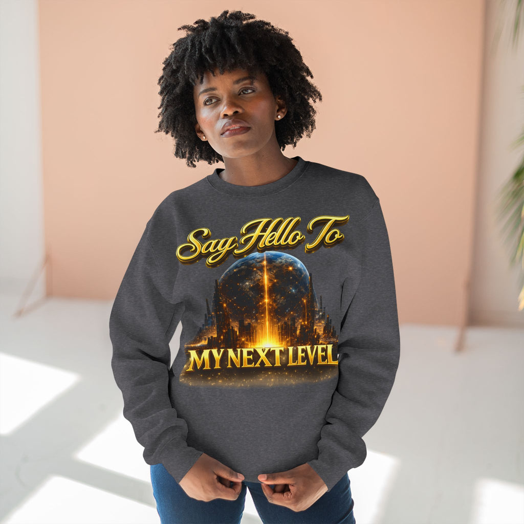Crewneck Sweatshirt — "Say Hello to My Next Level" Golden Sci‑Fi City Graphic Printify