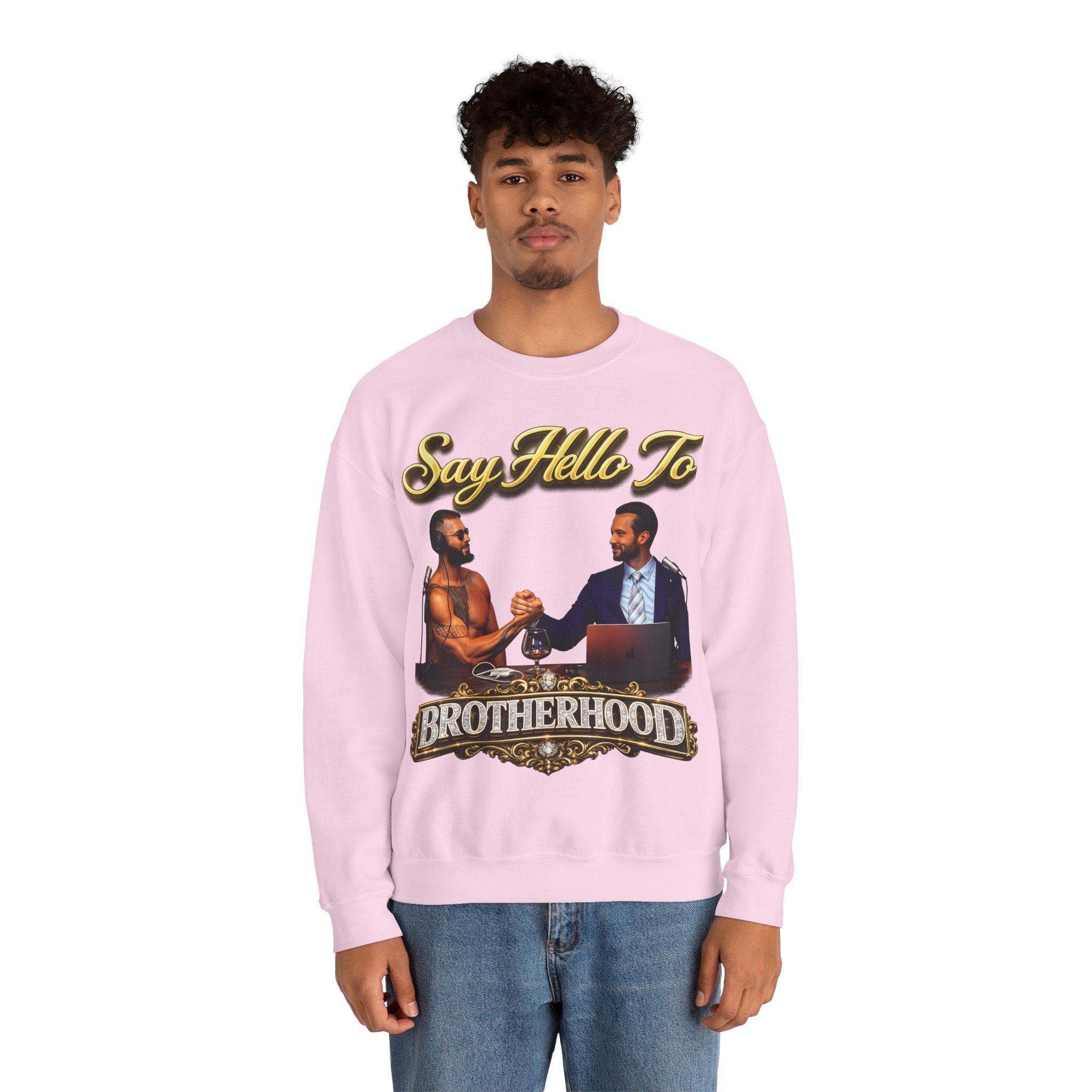 Crewneck Sweatshirt — 'Say Hello To Brotherhood' Graphic Pullover Printify