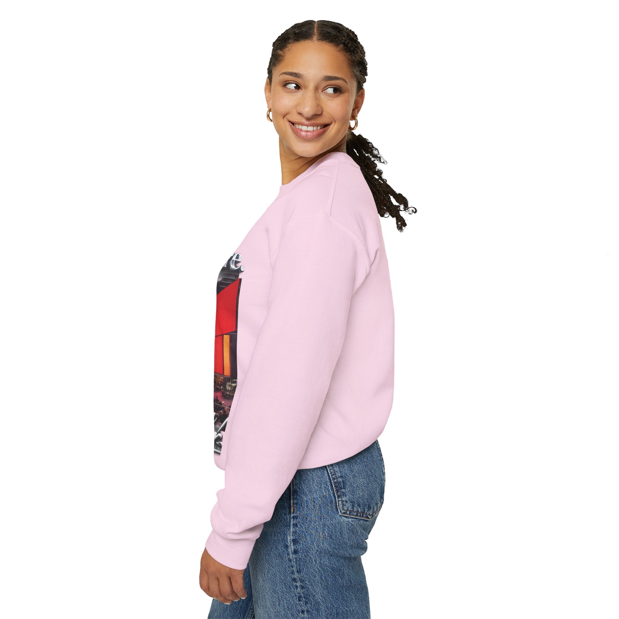 Crewneck Sweatshirt — Times Square Photo with Motivational Script “Nothing Out Here Helps You… That’s What Makes You Stronger” Printify