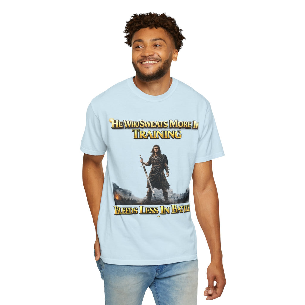 Training Warrior T-Shirt — "He Who Sweats More in Training Bleeds Less in Battle" Printify