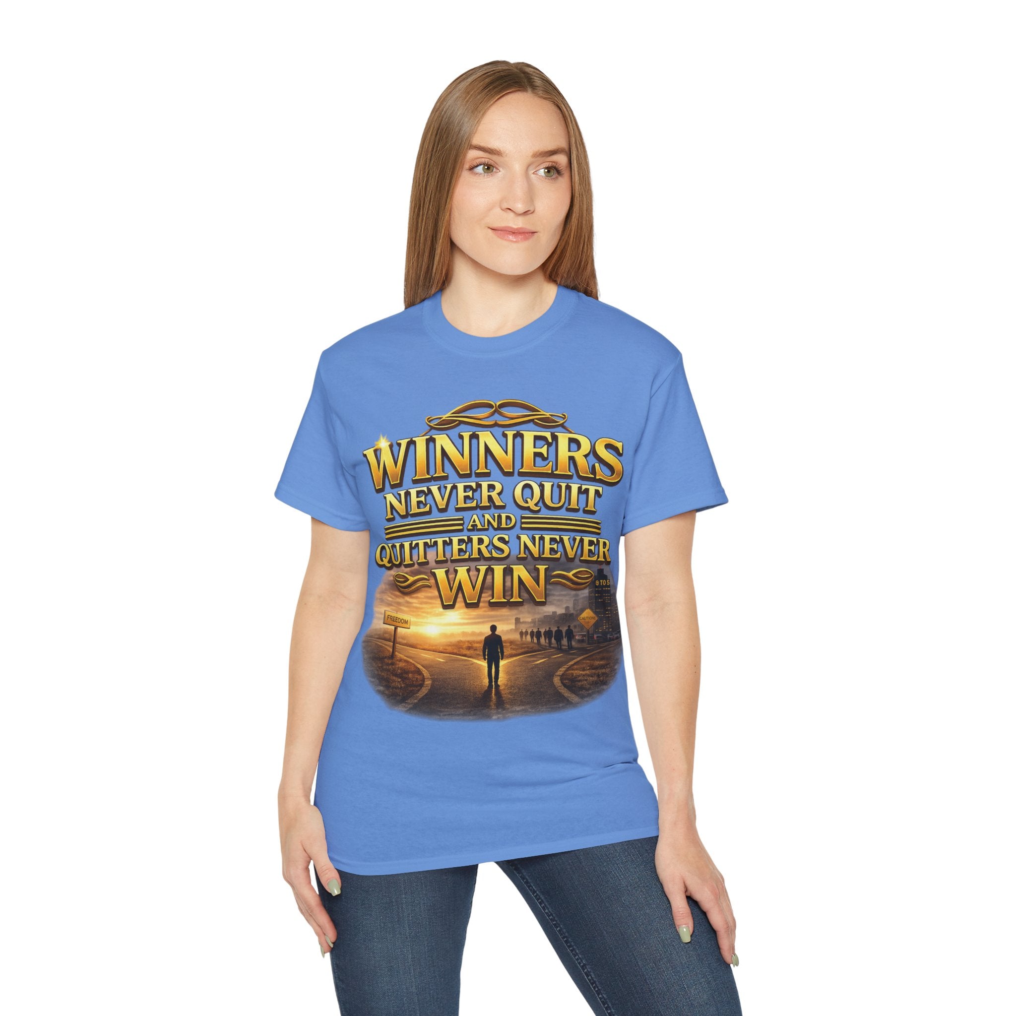 Winners Never Quit Inspirational Tee — Motivational Quote Shirt Printify