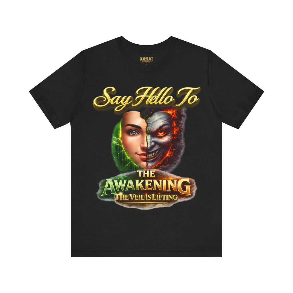 Horror Mask Split Face Tee — "Say Hello To Your Family and Friends" Graphic T-Shirt Printify