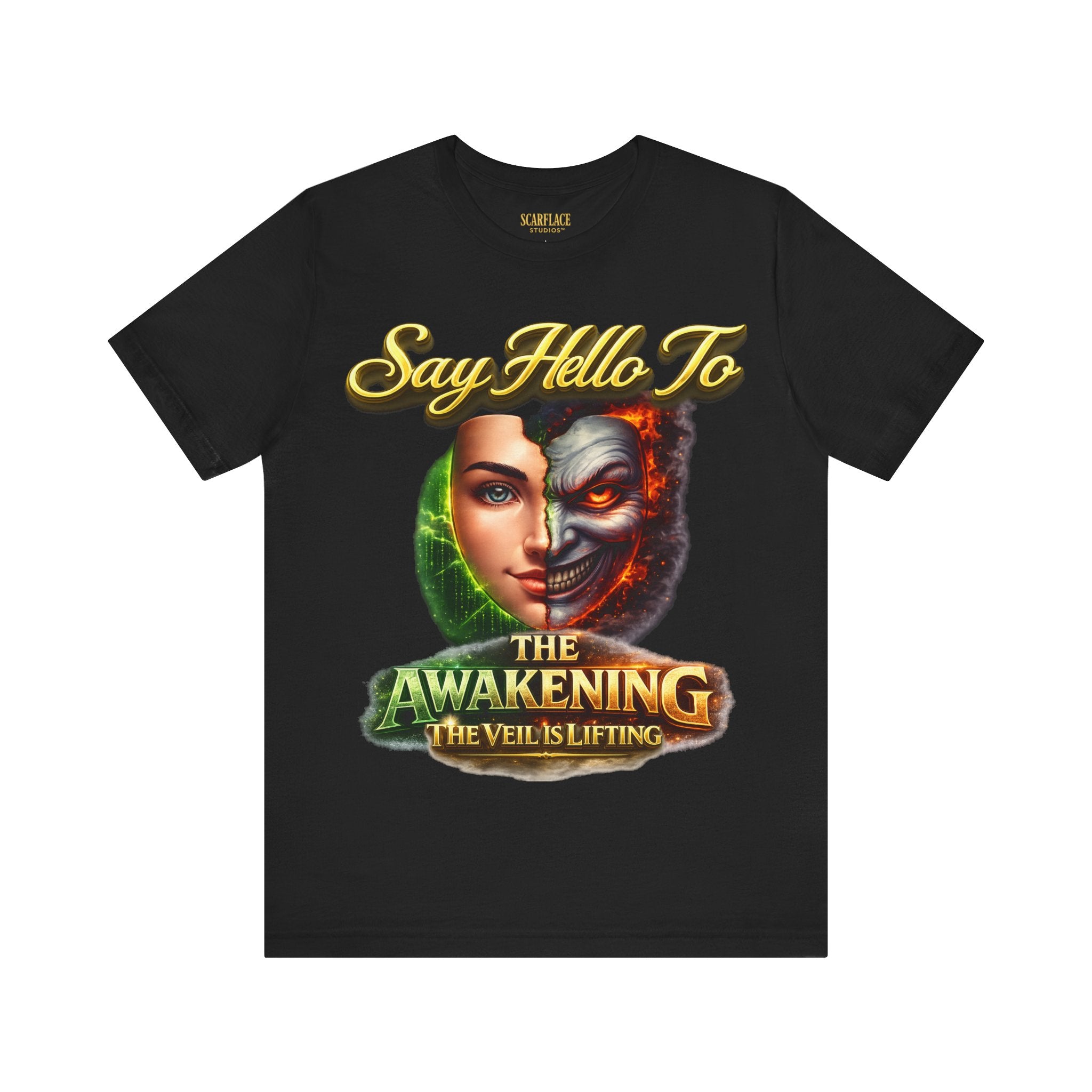 Horror Mask Split Face Tee — "Say Hello To Your Family and Friends" Graphic T-Shirt Printify