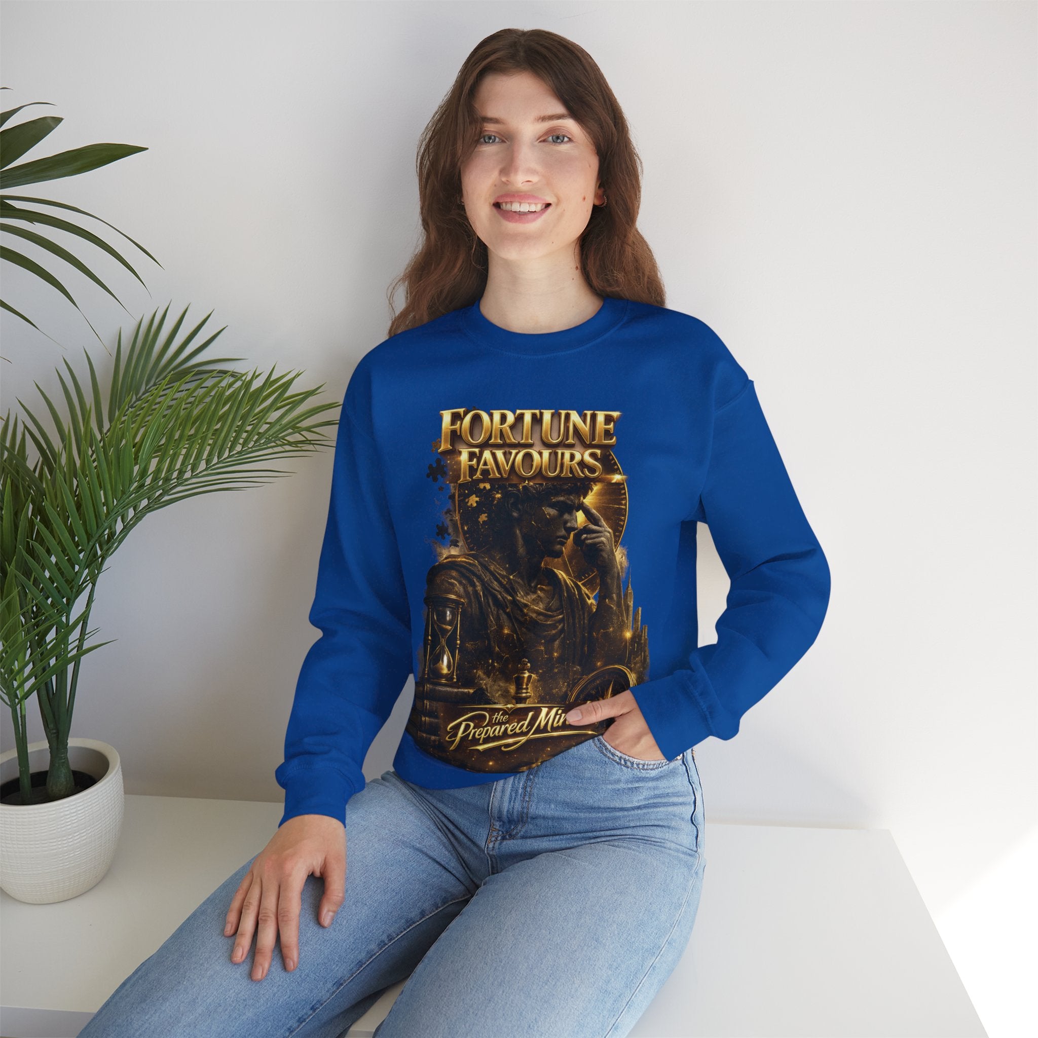 Crewneck Sweatshirt — "Fortune Favors the Prepared Mind" Motivational Design Printify