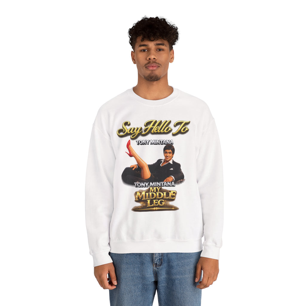 Scarface Parody Crewneck Sweatshirt — "Say Hello to My Middle Leg" Graphic Printify