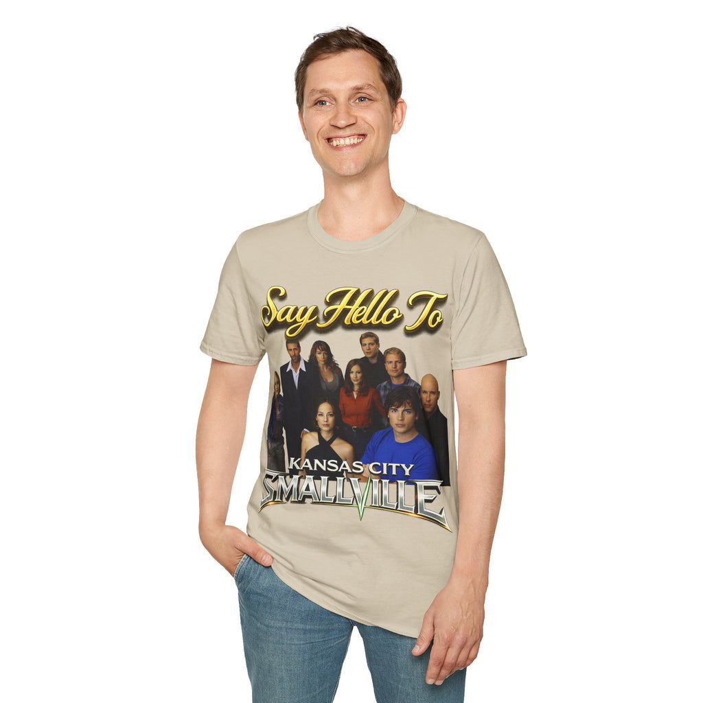 Smallville Cast T-Shirt – "Say Hello To" Kansas City Retro TV Logo Printify