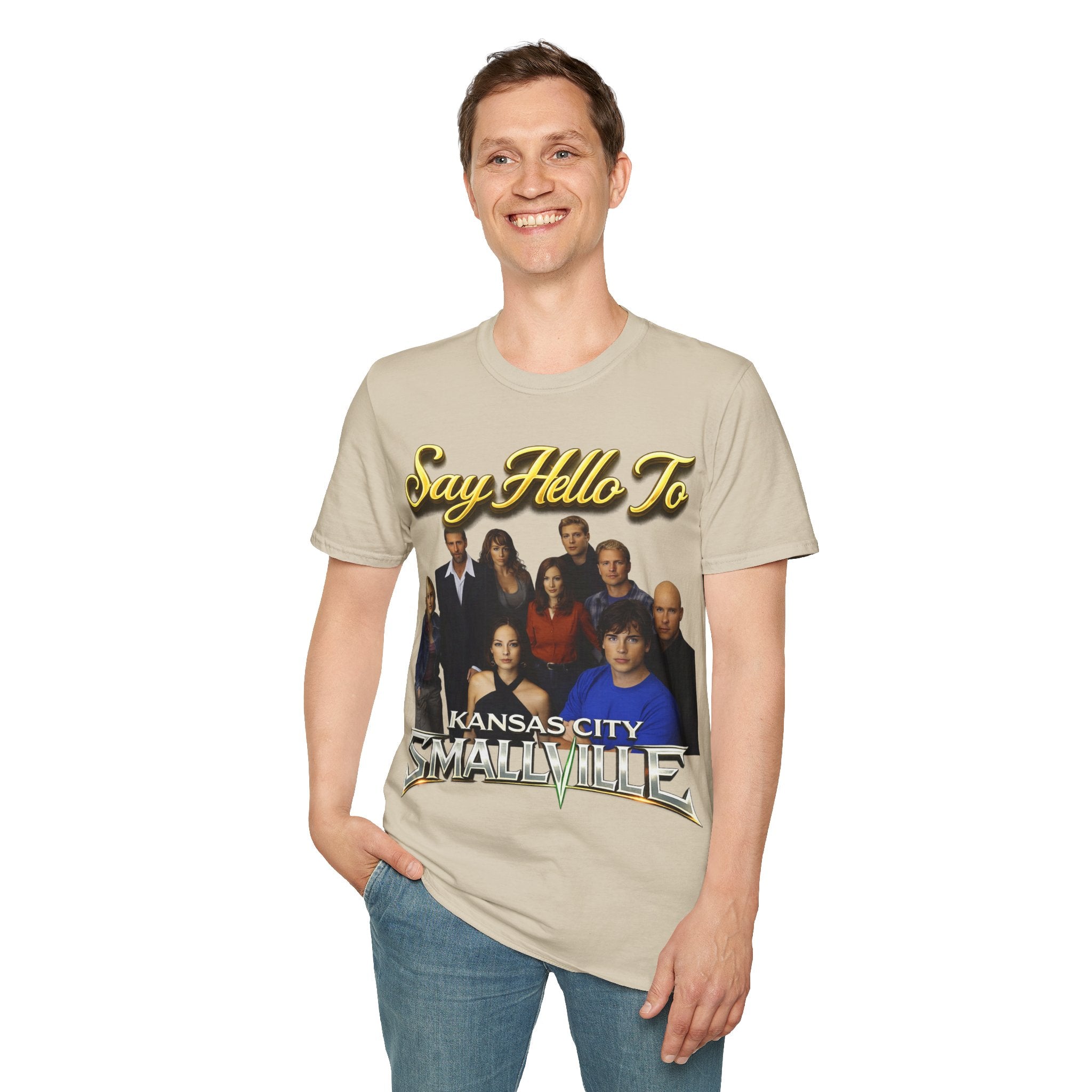 Smallville Cast T-Shirt – "Say Hello To" Kansas City Retro TV Logo Printify