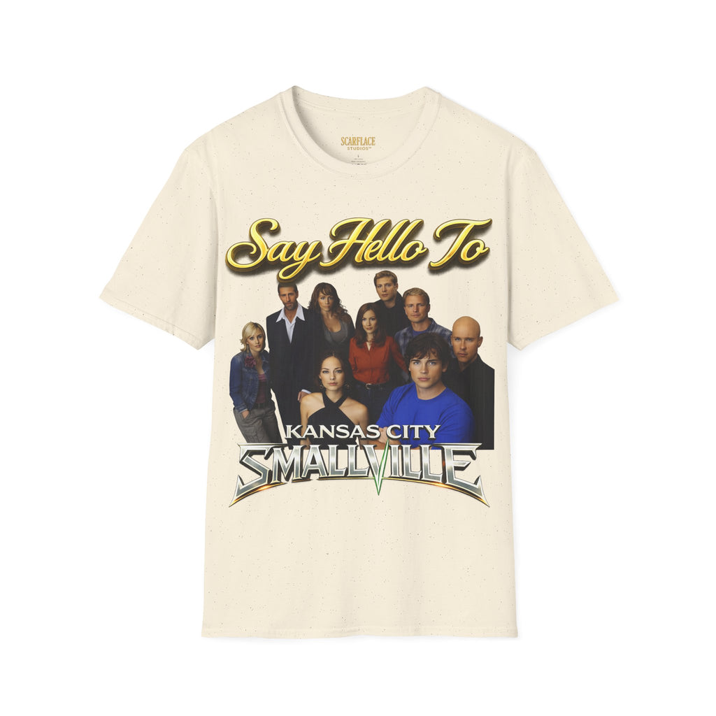 Smallville Cast T-Shirt – "Say Hello To" Kansas City Retro TV Logo Printify