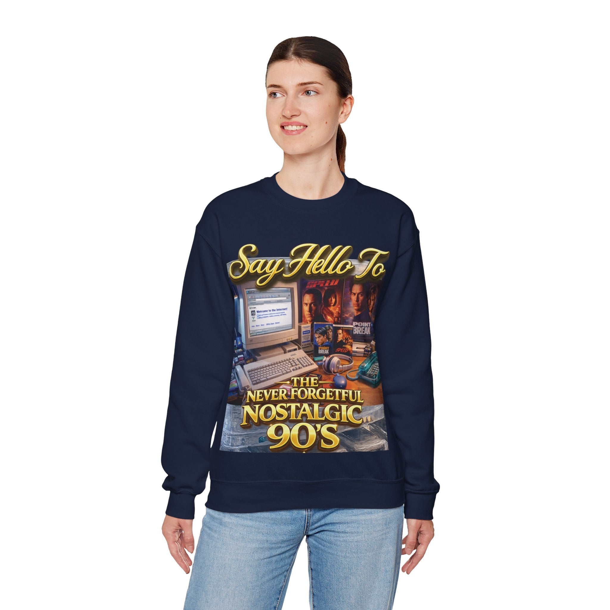 90s Nostalgia Crewneck Sweatshirt – "Say Hello To The Never Forgetful Nostalgic 90's" Printify