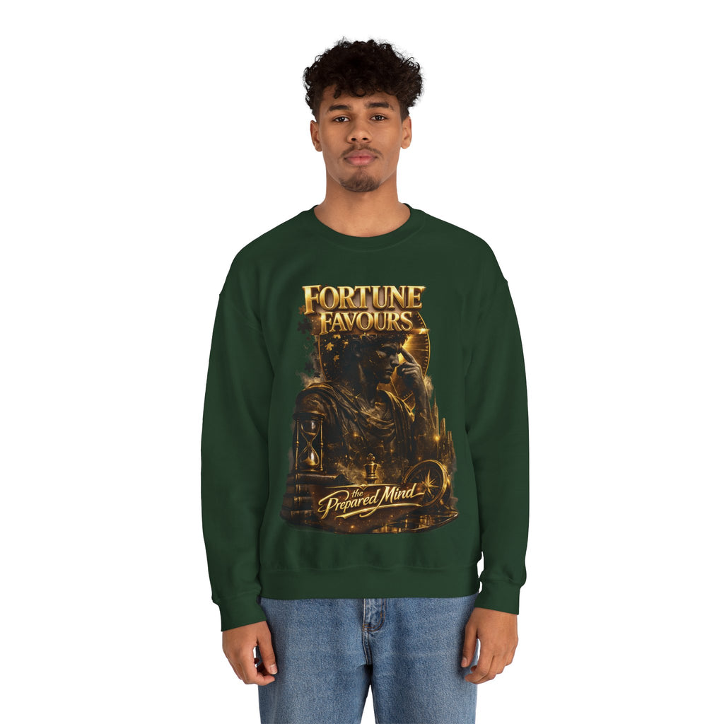 Crewneck Sweatshirt — "Fortune Favors the Prepared Mind" Motivational Design Printify