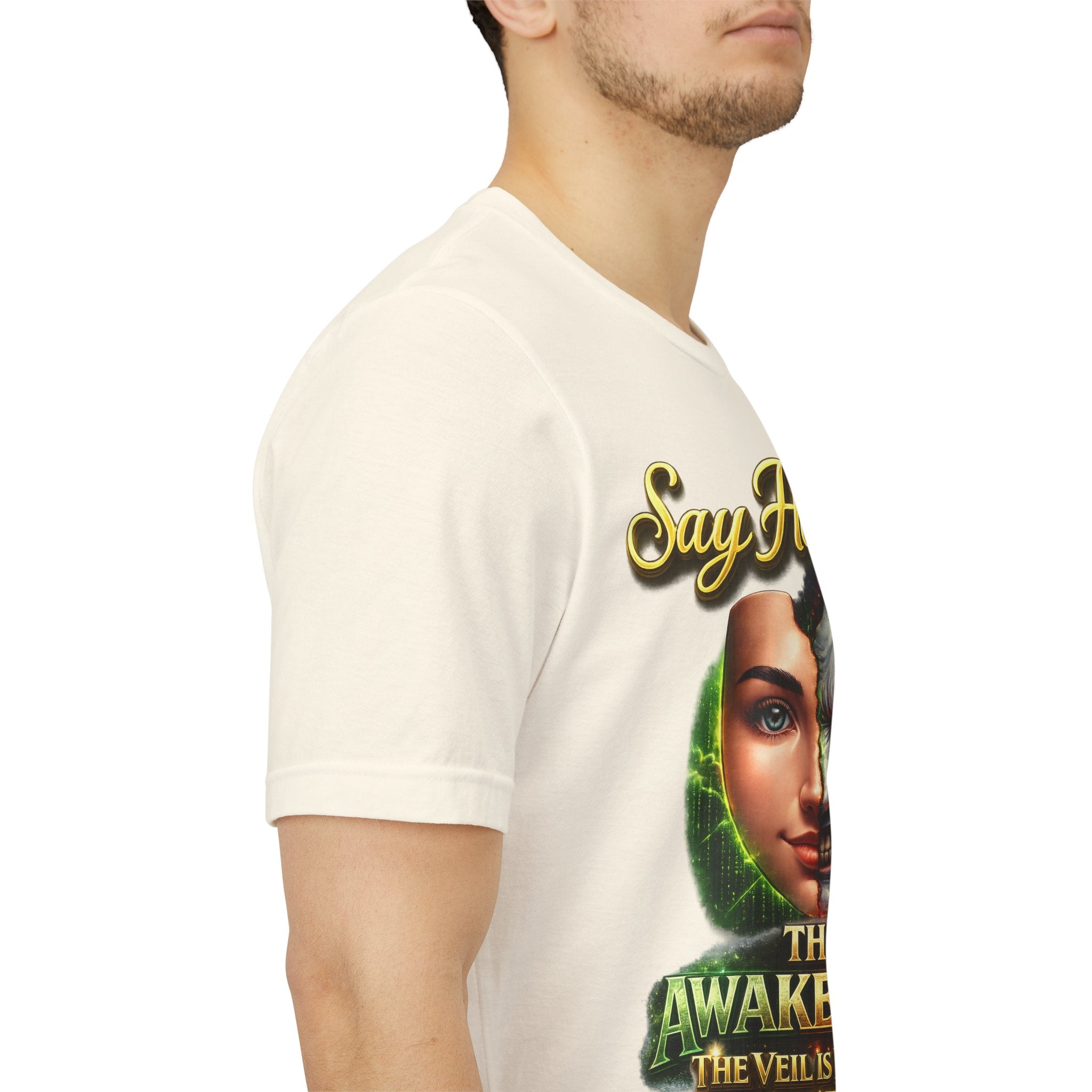 Horror Mask Split Face Tee — "Say Hello To Your Family and Friends" Graphic T-Shirt Printify