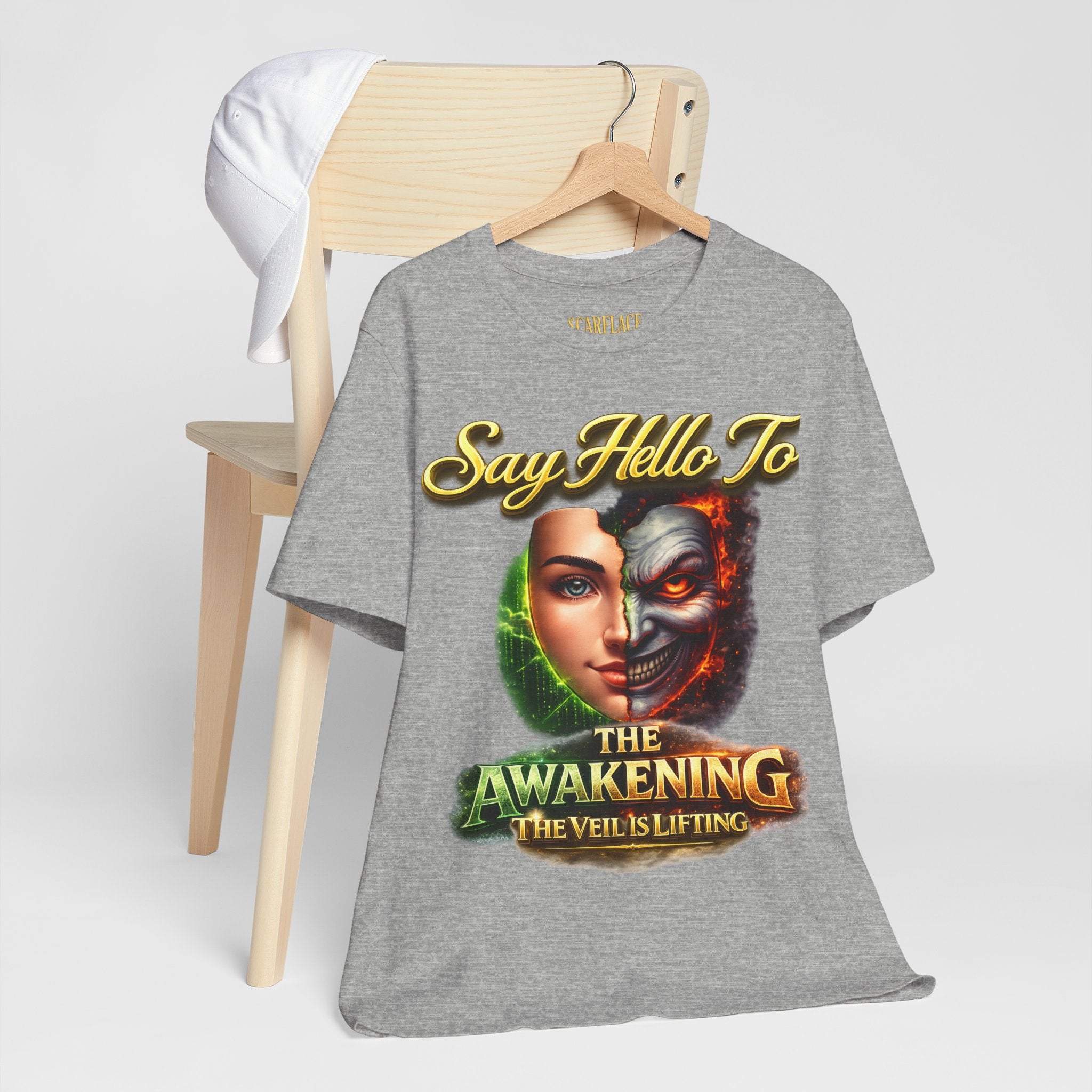 Horror Mask Split Face Tee — "Say Hello To Your Family and Friends" Graphic T-Shirt Printify