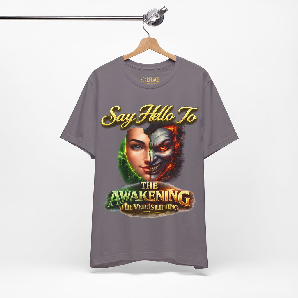 Horror Mask Split Face Tee — "Say Hello To Your Family and Friends" Graphic T-Shirt Printify
