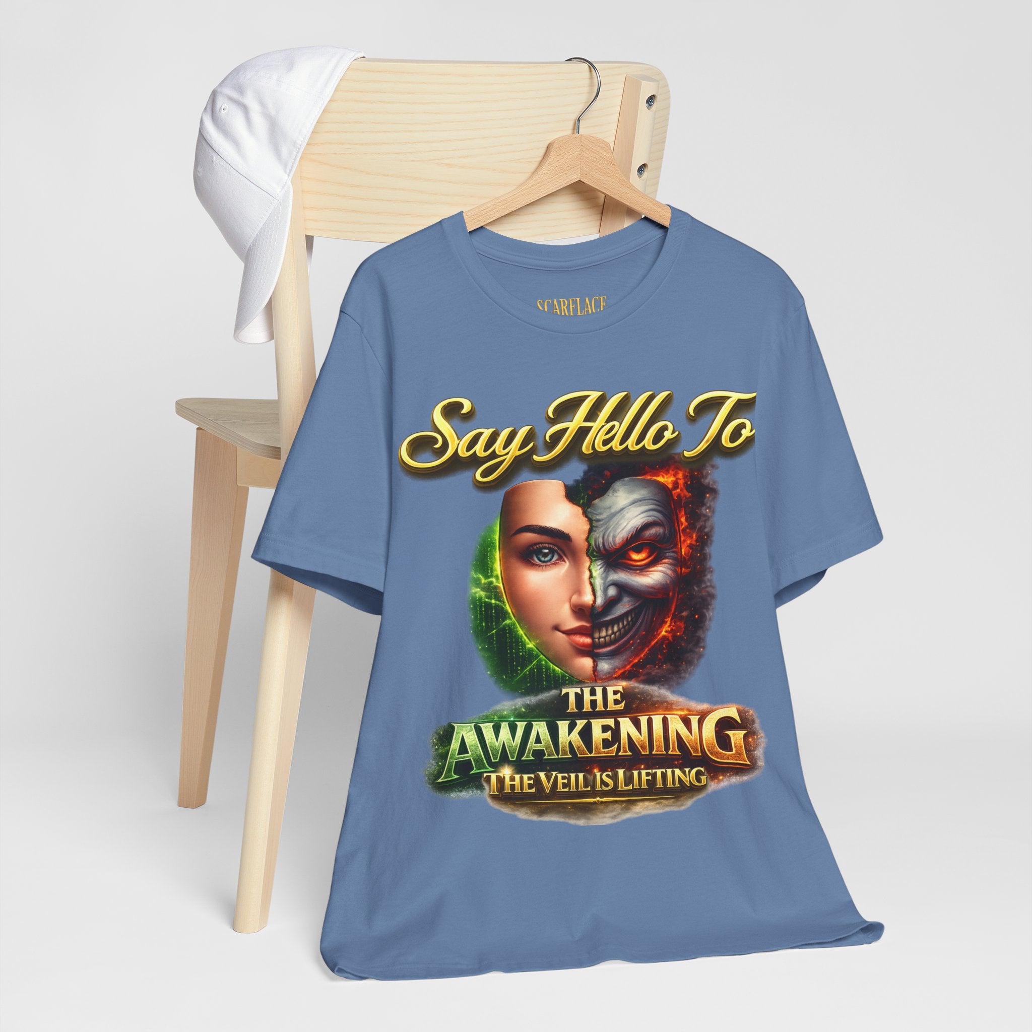 Horror Mask Split Face Tee — "Say Hello To Your Family and Friends" Graphic T-Shirt Printify